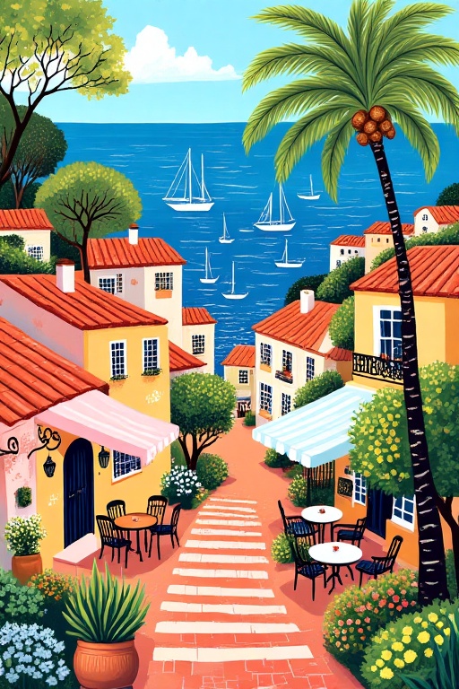 A town view,by the sea,with steps,coconut trees,and sailboats.,