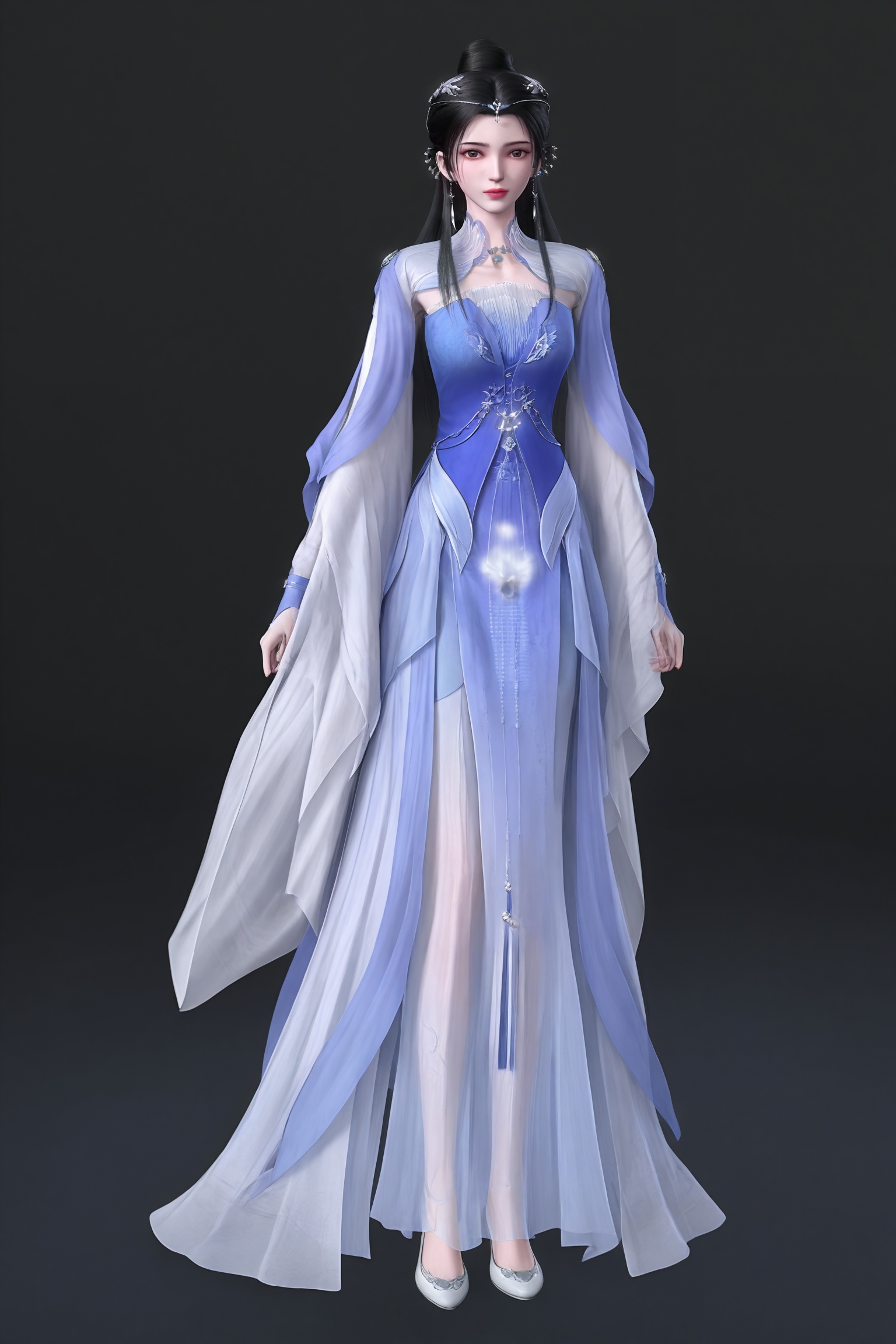 black background,standing,looking at viewer,1girl,lmw\(xn\),black hair,long hair,hair bun,hair ornament,ponytail,tiara,earrings,jewelry,long sleeves,blue dress,chinese clothes,see-through,white footwear,