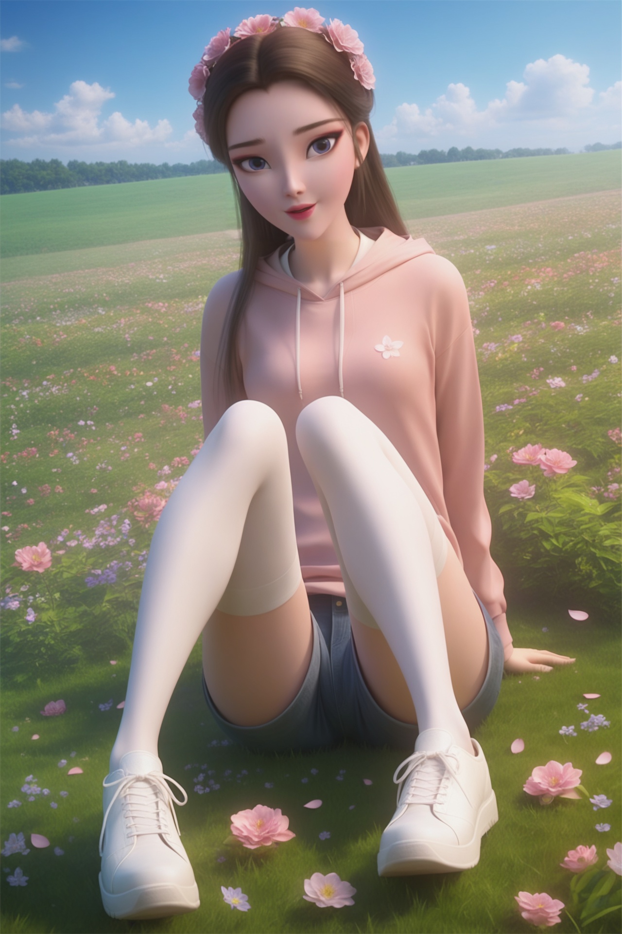 baishe,<lora:baisheXL:0.7>,1girl,solo,score_9,score_8_up,score_7_up,32K UHD,8k,4k,best quality,extremely detailed cg 8k wallpaper,ultra-detailed,masterpiece,sharp focus,unconventional supreme masterpiece,masterful details,temperate atmosphere,with a high-end texture,luxurious sharp focus,intense,dynamic cinematic color,located artistic,Fashion and art,elegant and sophisticated,innovative use of light and shadow,decorative,allegorical,symbolic,with a high-end texture,day,sky,outdoors,flower,flower field,petals,sitting,pale skin,looking at viewer,small breasts,sweatshirt,slender,thighhighs,shorts,shoes,