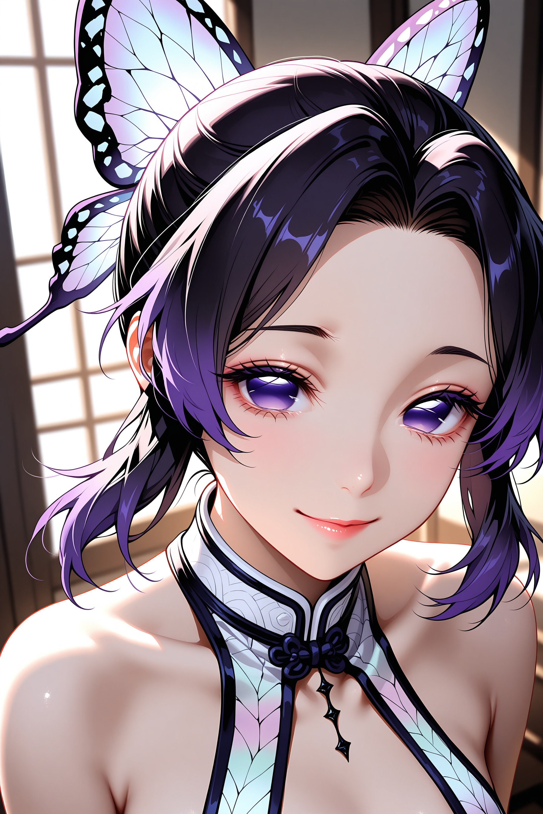 masterpiece,very awa,best quality,amazing quality,very aesthetic,absurdres,newest,intricate details,skindentation,realistic,1girl,solo,eyelashes,smile,looking at viewer,portrait, smile,floating hair,small breasts,(butterfly hair ornament,gradient hair,multicolored hair,purple eyes,purple hair,two-tone hair,kochou shinobu),