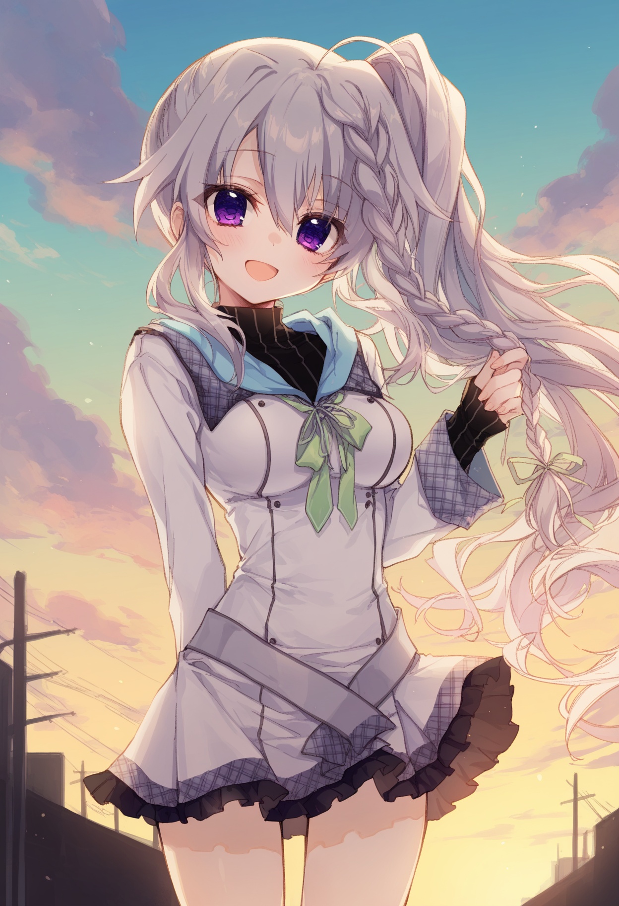 niimi sora, nimi_sora, 9-nine-, <lora:soraxl_noob:0.6>, year 2023, 1girl, :d, ahoge, arm behind back, backlighting, blue sky, blush, braid, breasts, cloud, cowboy shot, cumulonimbus cloud, day, dress, eyes visible through hair, floating hair, frilled dress, frills, green ribbon, grey hair, hair between eyes, hair ribbon, hand up, happy, holding, holding own hair, long hair, long sleeves, looking at viewer, medium breasts, open mouth, outdoors, pleated dress, purple eyes, ribbon, school uniform, short dress, side ponytail, sidelocks, single braid, sky, sleeves past wrists, smile, solo, tsurime, very long hair, white dress, wind, best quality, amazing quality, very aesthetic, absurdres, artist:hachio81, artist:kumeki_(kk4615), [[[artist:gishiki_(gshk), akakura, artist:ciloranko, artist:tekito_midori, (artist:ningen_mame:0.4), (artist:hxxg:0.7)]]]