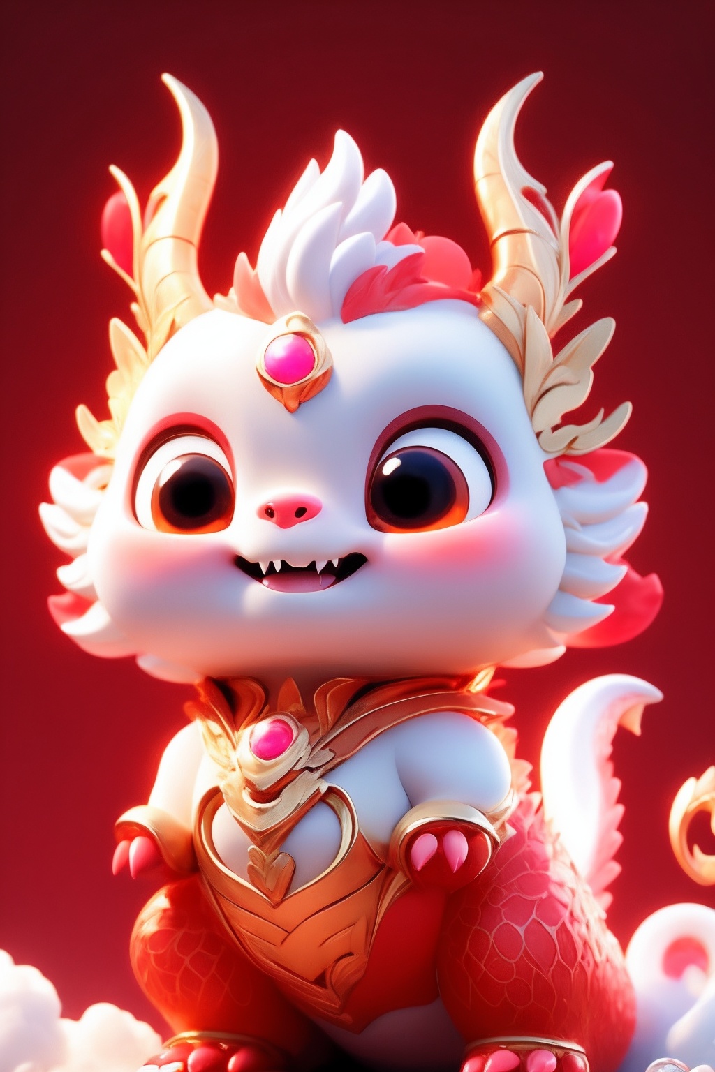 a cute pink and white pet,scale,cloud mass,red theme,<lora:Dragon Baby_20231209214719-000009:0.8>,((masterpiece)),rich details,extremely exquisite,claw,head gemstone,red background,fangs,complex background,