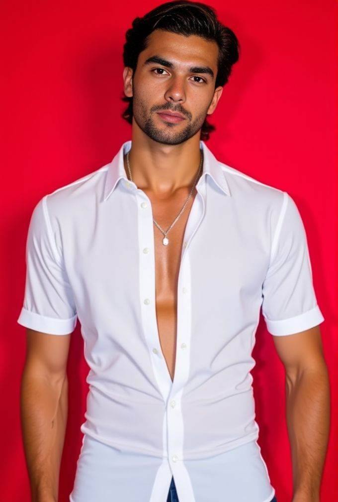 Ferran Torres ,  The image is a high-resolution photograph. standing against a solid red background. wavy hair styled to t...