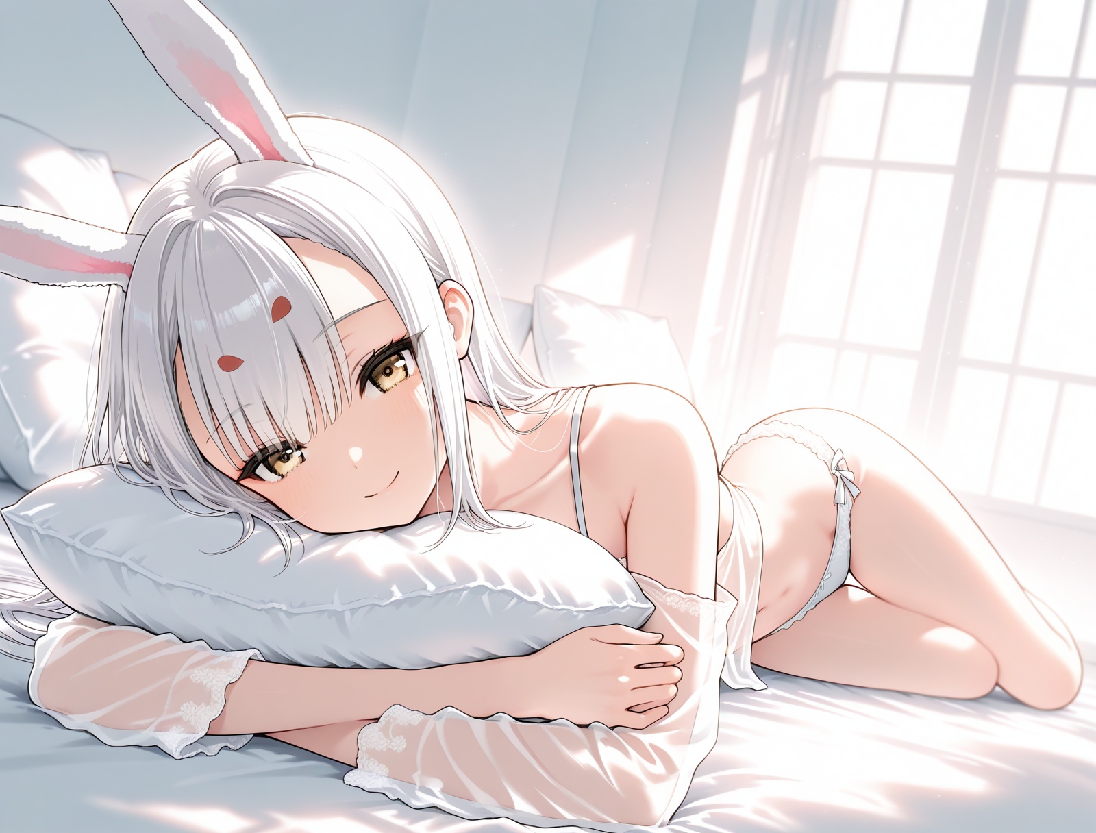 shimakaze \(the unmoving rabbit\) \(azur lane\),  smile,  on stomach on Tensor.Art
