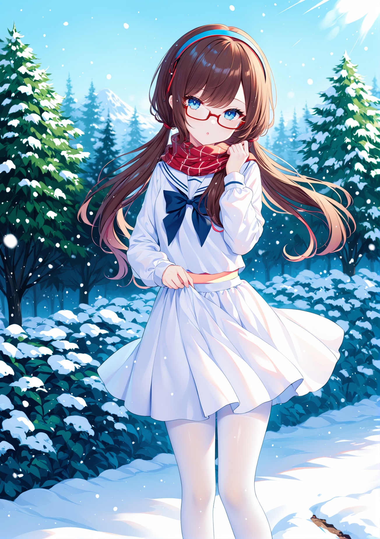 (masterpiece), (best quality), illustration, ultra detailed, hdr, Depth of field, (colorful),[rimuu:0.6, sheya:0.5,haneru,],snowserafuku, white pantyhose,bowtie,scarf grab, 1girl,low twintails,brown hair,blue eyes,makinami mari illustrious,glasses,hairbandstanding,garden,looking at viewer, <lora:Eva08XLAni3:1>
