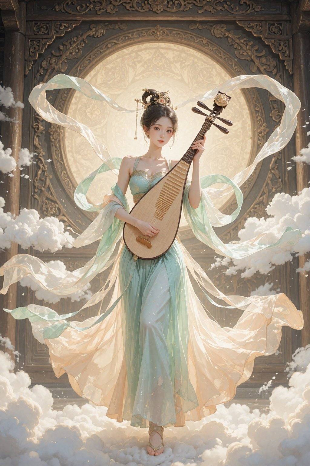 创作一幅空灵的画面,  画面中一位身着传统亚洲服饰的年轻女子,  手持琵琶 on Tensor.Art