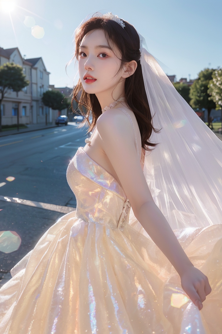 (masterpiece:1.3),(best quality:1.3),(photorealistic:1.4),see-through,midriff,pantyhose,(large breasts:1.2),yaosi,(street:1.4),(ultra detailed:1.3),unity 8k wallpaper,realistic,1girl,beautiful,smile,Big eyes more details,hair in the back of the head,a pearl necklace around the neck,(wedding dress:1.4),bright color,standing on the lawn,blue sky,floret,white clouds,soft light,early summer at seven in the morning,Jewelry,necklace,(8k, RAW photo, best quality, masterpiece:1.2),(realistic, photo-realistic),professional lighting,photon mapping,radiosity,Extreme Light and Shadow, <lora:YG彩虹糖纱婚纱:1>,