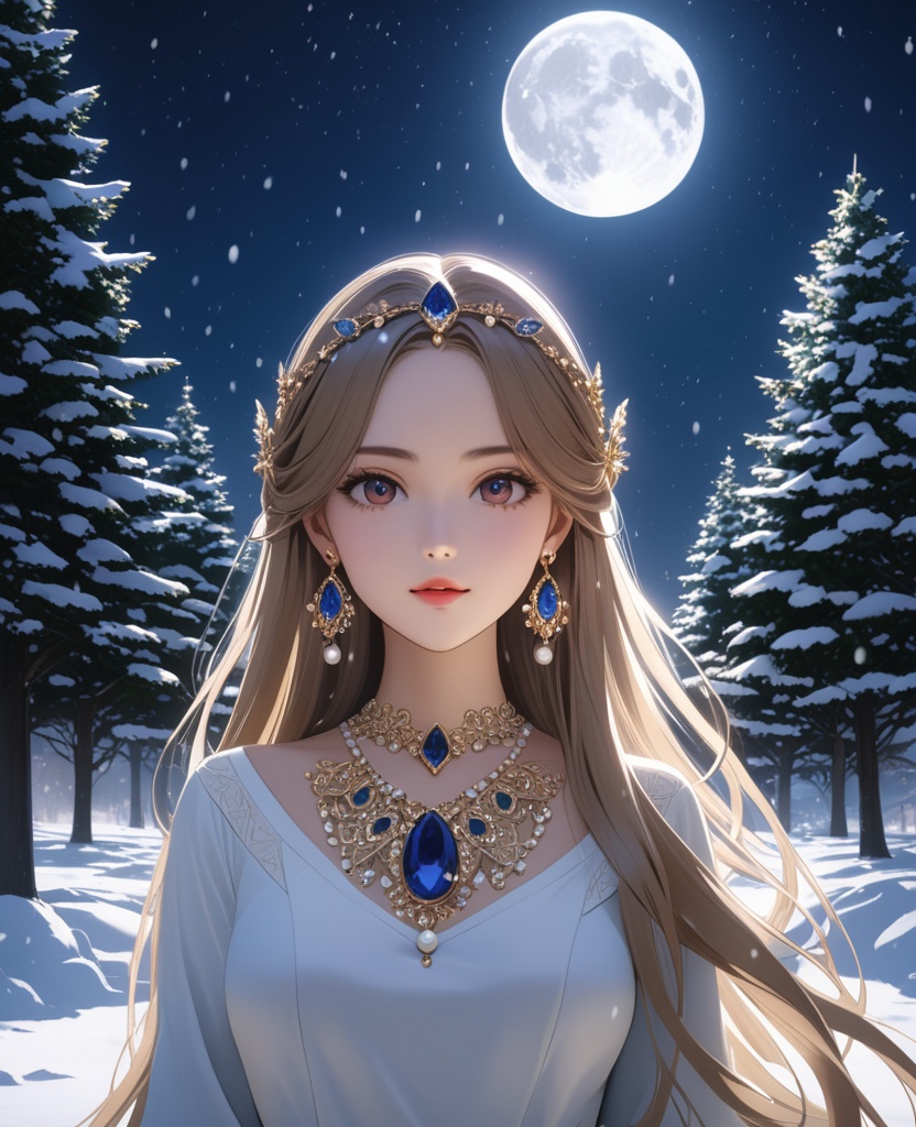 (,1girl, ,best quality, ),looking at viewer,  ultra realistic 8k cg, picture-perfect face,   clean, masterpiece,     cinematic lighting, cinematic bloom, fantasy,  , unreal, science fiction, ((,1girl, pov,))(((,tree, 1girl, full moon,snowing,snow ,solo,     solo focus,  long_hair, looking_at_viewer,  )))  (rich:1.4,)     prestige, luxury, jewelry, diamond, gold, pearl, gem, sapphire, ruby, emerald, intricate detail, delicate pattern, charming, alluring, seductive, erotic, enchanting, hair ornament, necklace, earrings, bracelet, ,