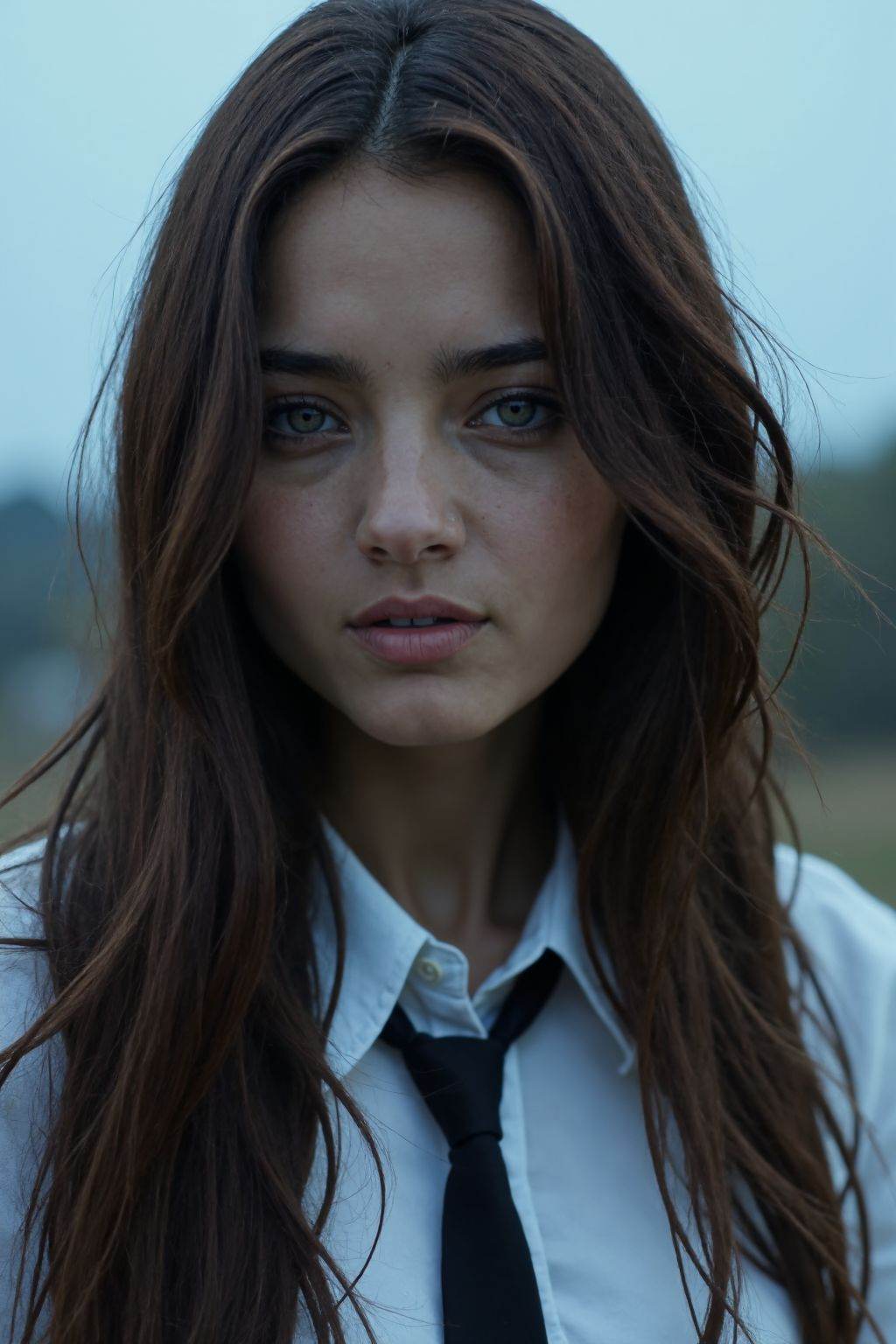 The image shows a young woman with long,  dark hair. She is wearing a white shirt with a black tie. Her hair is slightly t...
