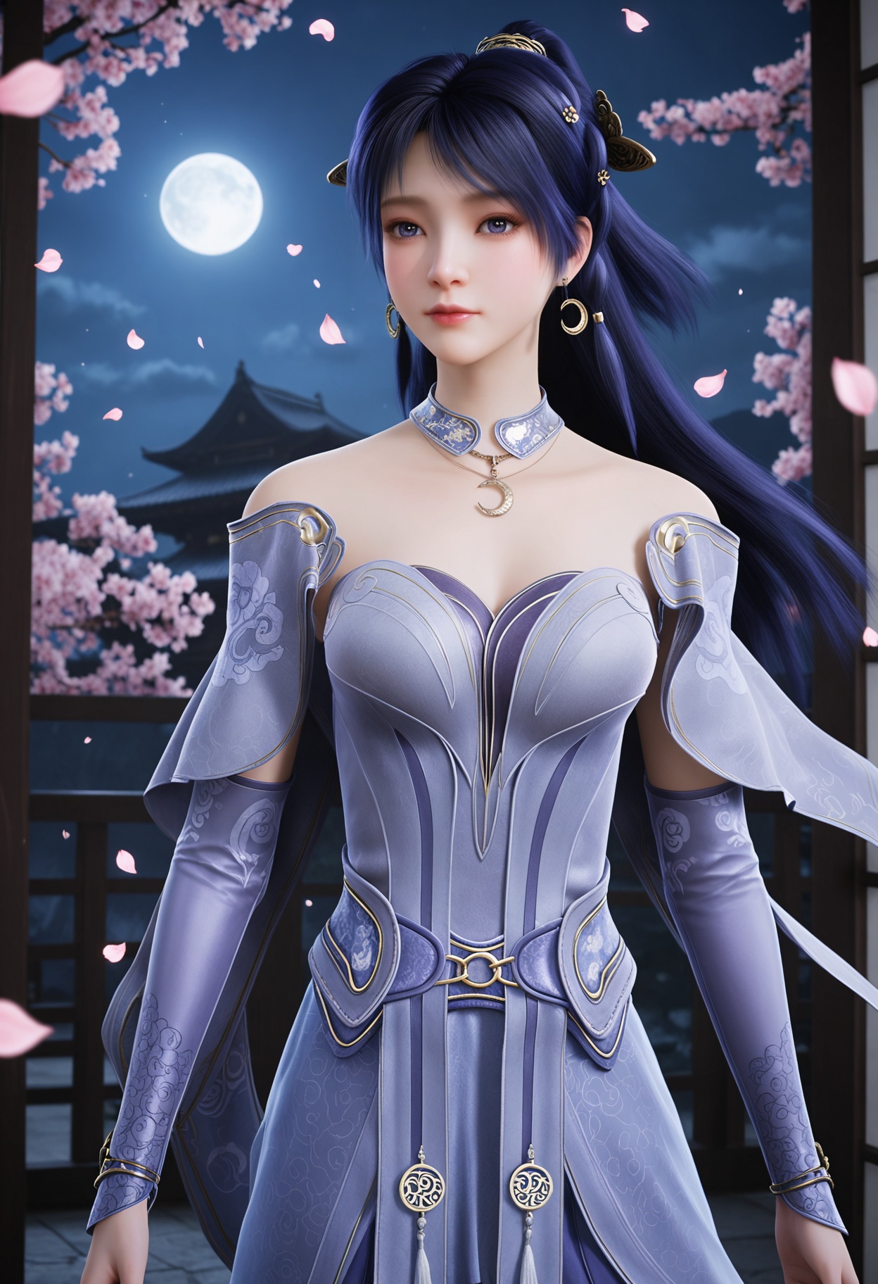 (upper_body:1.2),(looking at viewer:1.1),masterpiece,(best quality),smog,Dark room,dim lighting,peach blossom,falling petals,<lora:YQ_Illustrious光辉v5_姬紫月2.0_V2:0.8>,q1528437228,1girl,solo,jewelry,long hair,earrings,hair ornament,dress,crescent,black hair,crescent earrings,purple dress,necklace,blue dress,detached collar,blue hair,blue eyes,purple hair,detached sleeves,choker,ponytail,boots,purple eyes,gloves,long sleeves,skirt,elbow gloves,collar,armor,blue footwear,