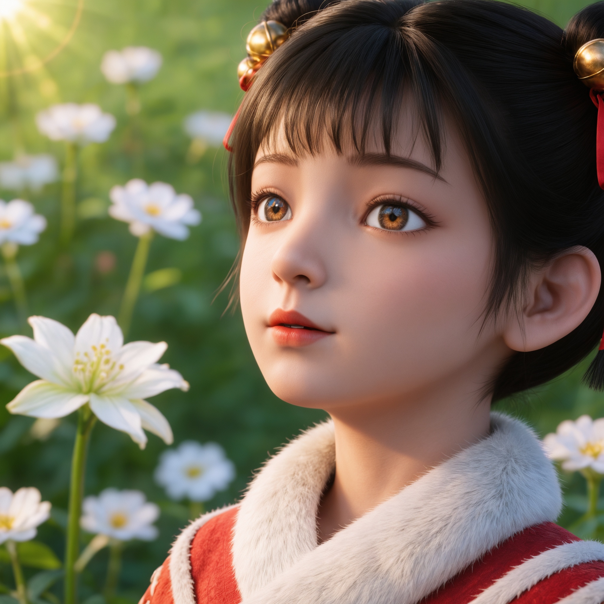 <lora:剑来2-李宝瓶Pony:0.7> 1girl, child,black hair, hair ornament, short hair, double bun, hair ribbon, brown eyes, chinese clothes, red dress, hair bell,, realistic style photo,outstanding style,adding a touch of dimension to your images without compromising details,whirls of vapor,ethereal ambiance,delicate details,magical atmosphere,concept art,highly detailed,ultra-high resolution,32K UHD,sharp focus,best-quality,masterpiece,golden hour,unconventional supreme masterpiece,masterful details,temperate atmosphere,with a high-end texture,in the style of fashion photography,magazine style,Dynamic Angle,Dynamic posture,(cowboy_shot:1.2),depth of field,lens flare,extreme aesthetic,masterpiece,best quality,good quality,newest,year 2025,very aesthetic,absurdres,Visual impact,A shot with tension,ultra-high resolution,32K UHD,sharp focus,best-quality,masterpiece,Emotionalization,unconventional supreme masterpiece,masterful details,temperate atmosphere,with a high-end texture,in the style of fashion photography,(Visual impact:1.2),giving the poster a dynamic and visually striking appearance,, masterpiece, very aesthetic, best quality, newest, absurdres, highres, frantile, cinematic feeling, portrait, profile, (close-up:1.5), eye focus, bright pupils,  wind, lily \(flower\), too many flowers, white flower,
