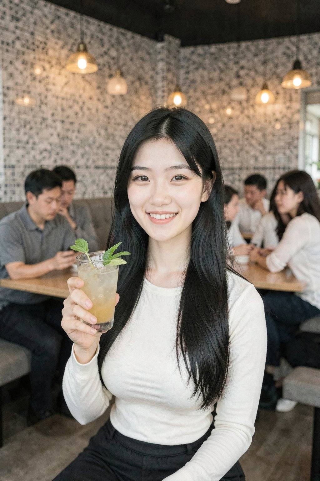 This photograph captures a vibrant, modern restaurant setting with a warm, inviting ambiance. In the foreground, a young woman with long, straight black hair and fair skin smiles directly at the camera. She is wearing a form-fitting, white, long-sleeved top that accentuates her slender figure. In her right hand, she holds a tall, clear cocktail glass filled with a light-colored drink garnished with a lime wedge and a green herb sprig. The woman appears to be in her early twenties.In the background, there are several patrons engaged in various activities. A man in a gray polo shirt, likely in his thirties, is seated at a table, intently focused on his smartphone. Another man, also in his thirties, is wearing a white shirt and is engaged in conversation with a woman seated across from him. Both are sitting on padded, gray benches with light wood tables.The restaurant's interior is stylish, with a mix of modern and rustic elements. The walls are adorned with a mosaic pattern of gray and white tiles, and there are pendant lights with warm, yellowish light fixtures hanging from the ceiling. The overall atmosphere is cozy and sophisticated, with a focus on comfort and good food.