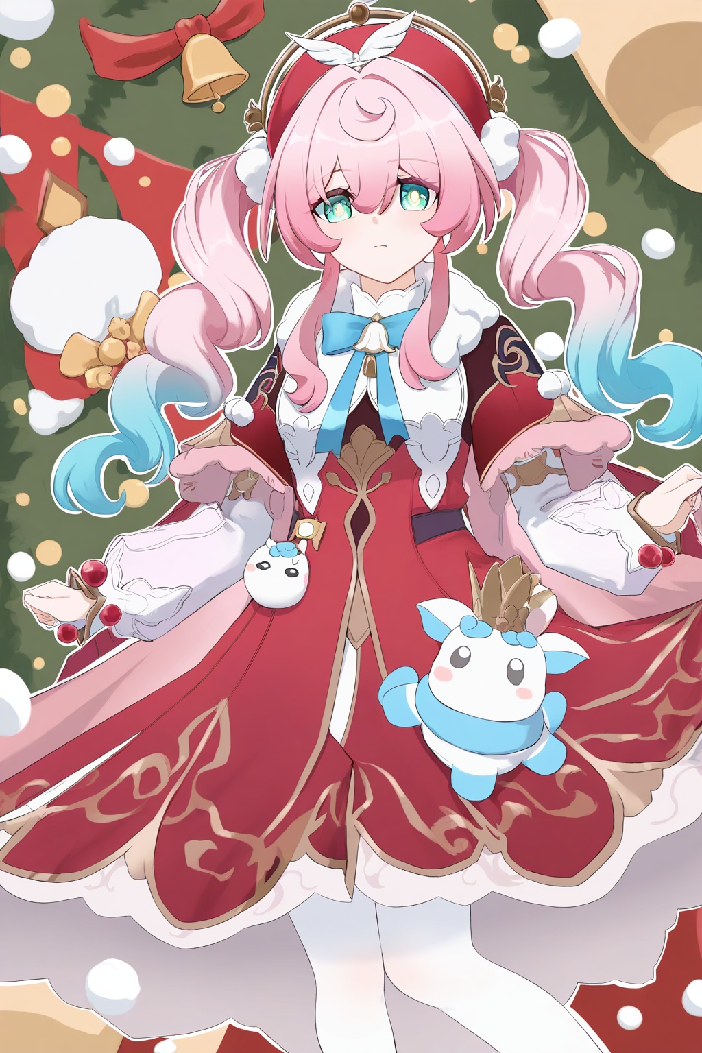 fonnjinn\(honkai:star rail\),fonnjinn\(honkai:star rail\), 1girl, white pantyhose, pink hair, solo, pantyhose, looking at viewer, hat, twintails, pom pom (clothes), multicolored hair, dress, red headwear, bell, bow, blue hair, long sleeves, fur trim, closed mouth, hair between eyes, red dress
