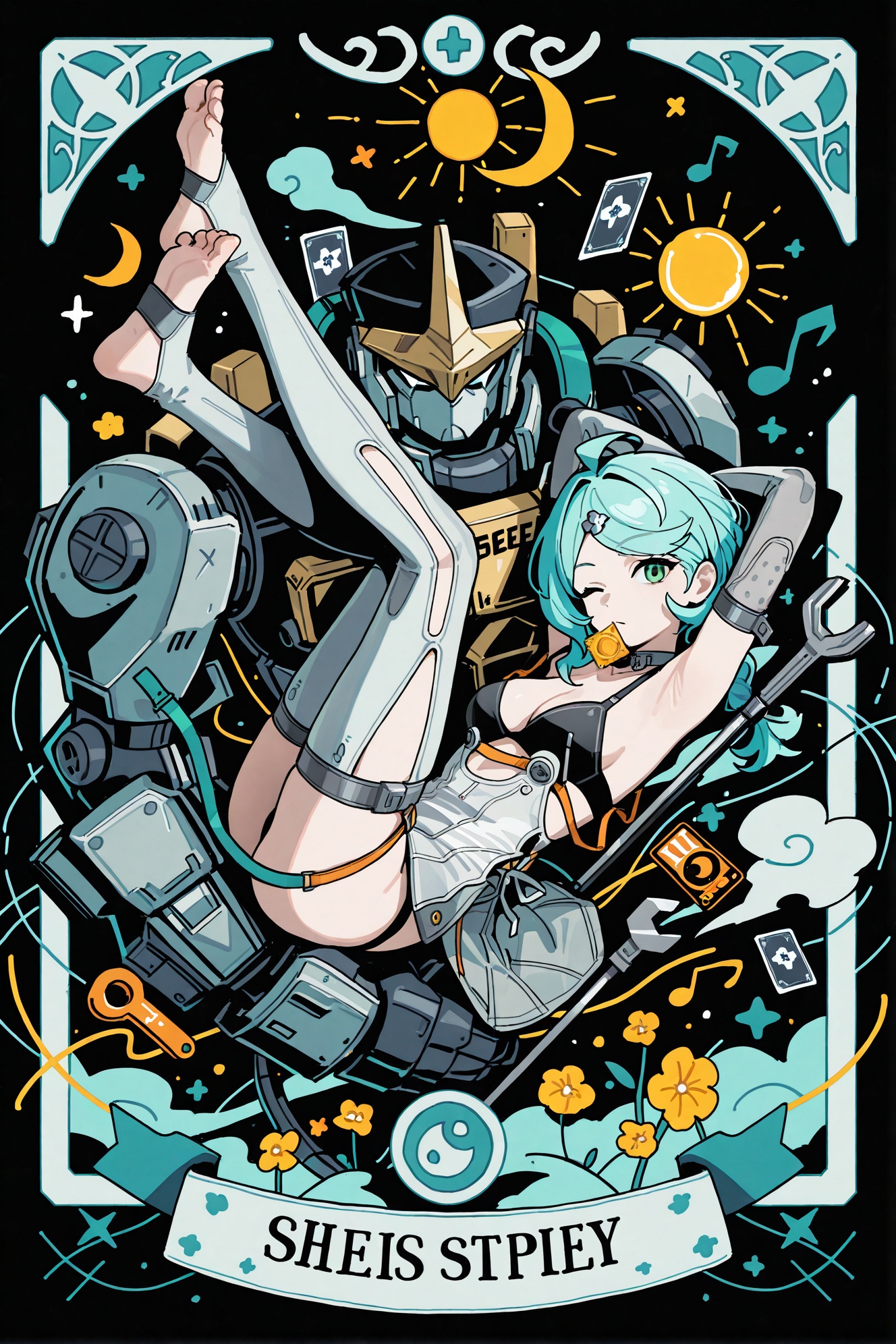 chihaya_anon,1girl,::,__artist__,year 2024,(drop shadow:1.4),(close-up:0.8),(shadow:1.2),(hands up:1.2),(border:1.2),(outside border:1.2),(hand up:1.2),(character name:1.2),from side,hand up,closed mouth,upper body,high contrast,frown,looking at another,looking at viewer,rope,portrait,drop shadow,sparkle,^ ^,flag,limited palette,moon,yin yang,bug,cloud,star (symbol),circle,silk,arrow (symbol),staff,(musical note),(((tarot card))),black theme,(((sun))),cube,crescent moon,flower,sunlight,colorful,very awa,masterpiece,best quality,newest,highres,absurdres,snake,snake in shadow,<lora:seedjql-ill-Tanger:0.8>,1girl and 1robot,seed's robot,seed \(Zenless Zone Zero\),clothes: seedef grey dress,1girl,blue hair,seedef elbow gloves,breasts,grey gloves,short hair,missile launcher,weapon,height difference,1girl,toeless legwear,solo,toes,one eye closed,feet,armpits,stirrup legwear,hair ornament,breasts,green eyes,mouth hold,underwear,blue hair,long hair,arms up,hairclip,thighhighs,looking at viewer,bra,black bra,panties,soles,arms behind head,strap slip,lying,aqua hair,ahoge,barefoot,medium breasts,on back,condom,no shoes,wrench,