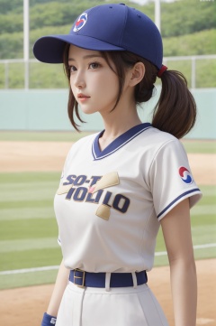 1 girl,solo,korean_text,clear skin texture,colorful,masterpiece,best quality,absurdres,medium breasts,full_shot,baseball_uniform,