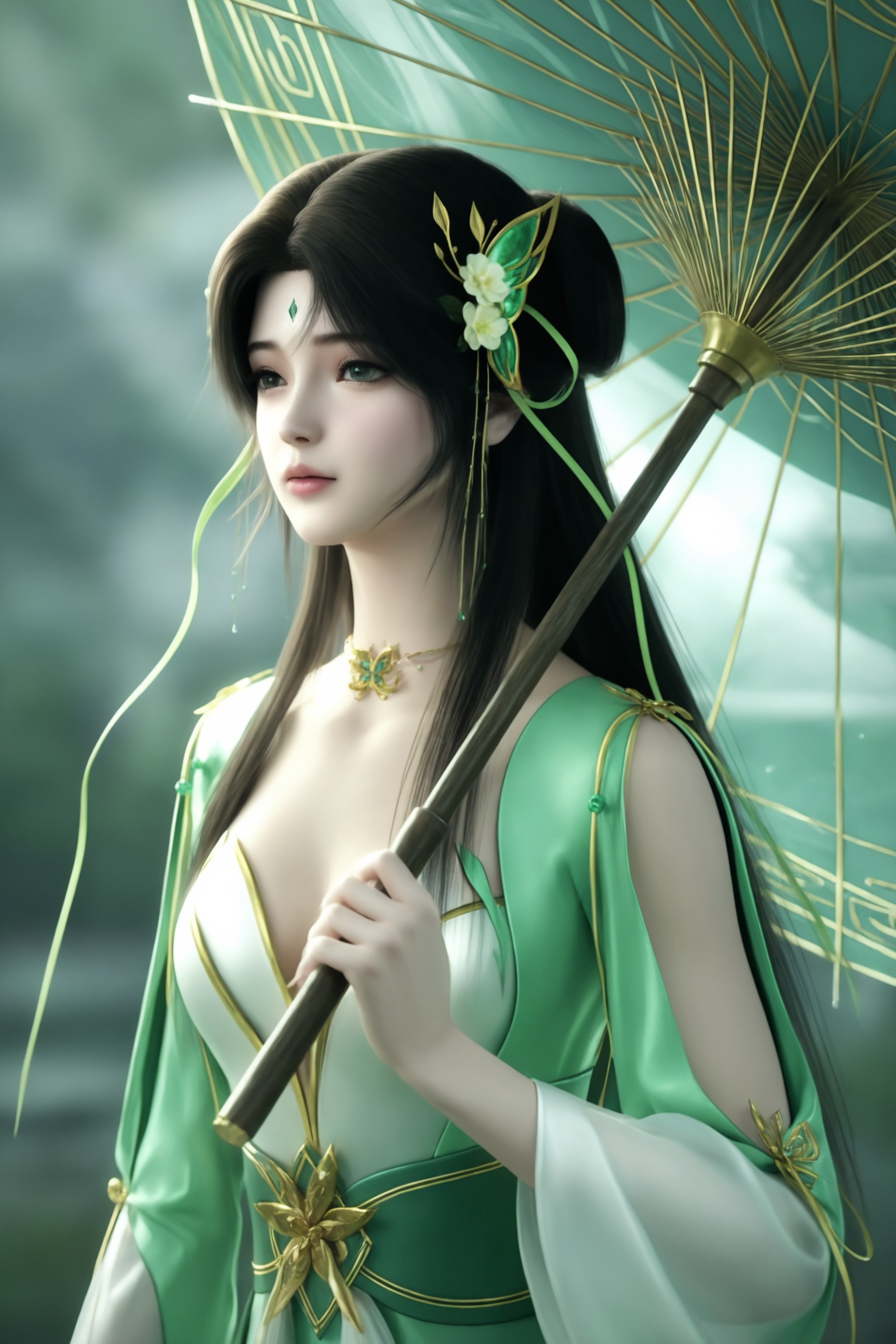 1girl,umbrella,solo,upper body,holding umbrella,holding,<lora:诛仙碧瑶-伤心花ILL:0.7>,1girl,long,flowing dark hair,flowing,green silk dress with intricate golden embroidery,golden belt,