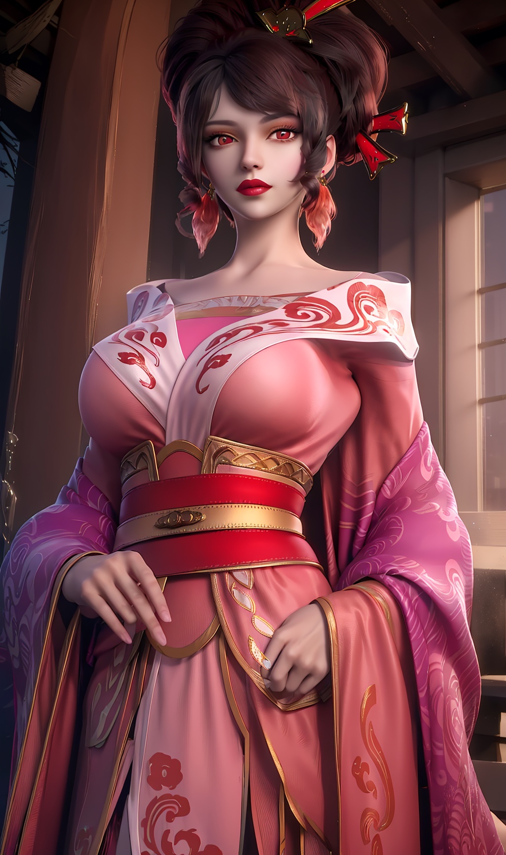 3D,masterpiece,(best quality),(makeup),official art, extremely detailed cg 8k wallpaper,((crystalstexture skin)), (extremely delicate and beautiful),(highly detailed),(face),(tiara),(hairpin),(closed_mouth),(1girl), (solo), (jewelry), (earrings),(brown_hair),(long_hair),(hair_ornament),(handwear),(breasts),(standing),(hand),((upper_body)),(dress),(skirt),(shiny_clothes),(city,outdoor,bed),(belt),(long_sleeves),(multicolored_clothes),(multicolored_dress),(sash),,((looking_at_viewer)),((Facing the camera)), <lora:hipoly3DModelLora_v10:0.3>