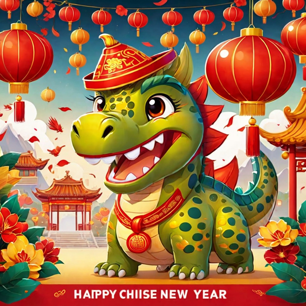 celebrating Chinese New Year. Design the dinosaur character to be adorable and in high spirits for the occasion. Use a color palette that includes traditional Chinese New Year colors like red and gold. Depict the dinosaur engaging in typical New Year's festivities, such as wearing a festive hat, holding Chinese lanterns, or enjoying traditional treats. Ensure the illustration radiates joy and celebration, making it suitable for use in greeting cards or social media posts.(poakl cartoon newyear style:1.5),best quality,masterpiece,<lora:poaklSDXLcartoonnewyearV2-000007:0.6>,