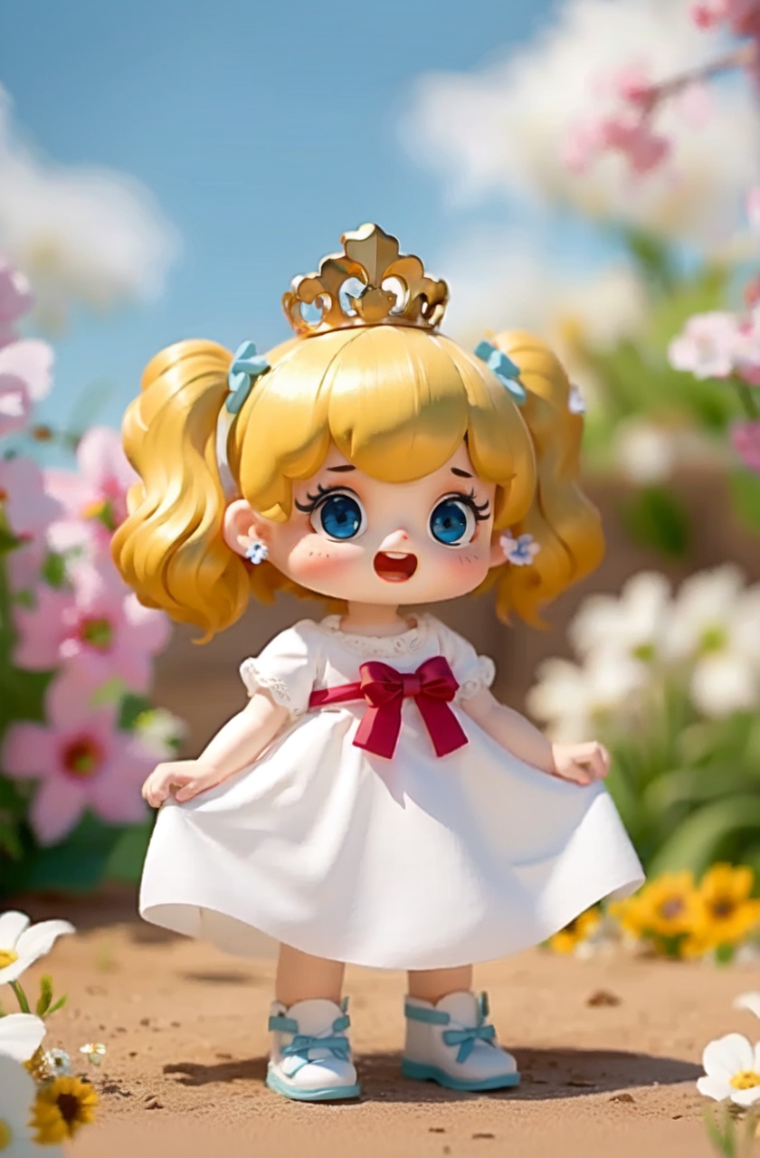masterpiece,best quality,absurdres,1girl,solo,white flower,blue eyes,twintails,blonde hair,skirt hold,blurry background,hair bow,white dress,outdoors,earrings,crown,personification,standing,chibi,open mouth, 