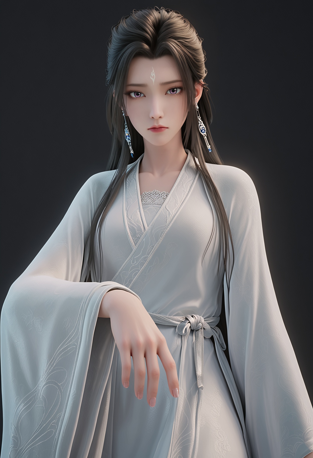 (upper_body:1.2),(looking at viewer:1.1),facing viewer,direct gaze,<lora:YQ_pony_luxueqi_fuzhuang4_V4:0.8>,1girl,solo,long hair,jewelry,black hair,earrings,forehead mark,brown hair,dress,hair ornament,chinese clothes,long sleeves,hair bun,white dress,wide sleeves,hanfu,shoes,half updo,purple eyes,robe,white robe,BREAK (white skin:1.1),(fair skin:1.1),(Ivory skin:1.1),(shiny skin),perfect anatomy,(simple background,pure black background,black background:1.1),
