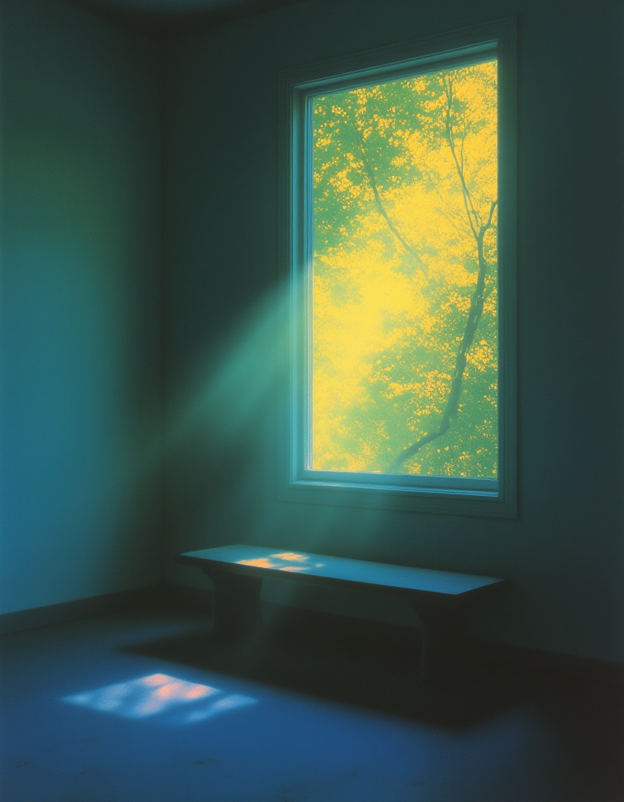 <lora:迷幻8:0.8>,mihuan,a room with a bench and a window with a tree outside of it and a bright light coming through the window,Choi Buk,volumetric light,an airbrush painting,american scene painting,