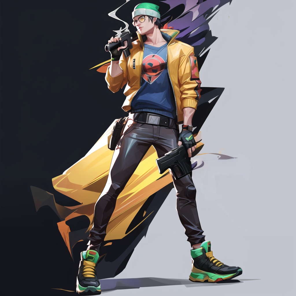 yellow jacket,weapon,gun,round eyewear,solo,beanie,hair behind ear,holding,glasses,jacket,pants,holding gun,black background,holding weapon,hat,smoking gun,green headwear,smoke,gloves,black pants,fingerless gloves,shoes,black hair,1boy,<lora:waluolante:1>,muscular,