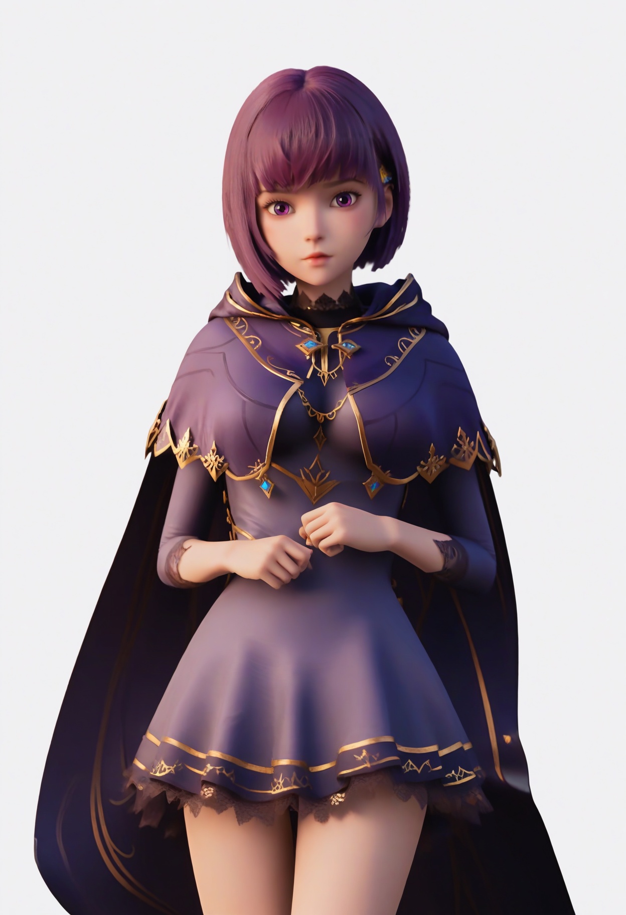 score_9,<lora:SF_ShengCaiErYouNian_Pony_Realism2.3-000003:0.7>,1girl,solo,hair ornament,short hair,medium breasts, bangs,dress,cape,standing,looking at viewer,white background,simple background,