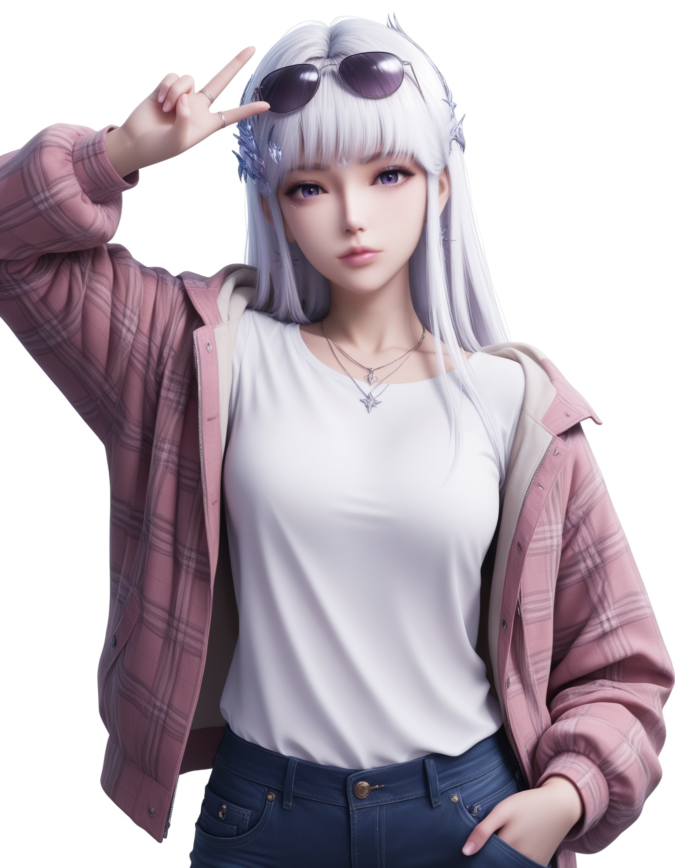 masterpiece,best quality,realistic,cinematic,detail eyes,(ultra-detailed),perfect composition,intricate details,absurdres,detailed face,high quality,high res,8K,white hair,purple eyes,hair_ornament,<lora:X_shengcaier_f_IL4.0:0.8>,1girl,solo,jewelry,eyewear on head,realistic,ring,pants,necklace,v,sunglasses,hand in pocket,shirt,jacket,white shirt,lips,hood,earrings,denim,looking at viewer,long hair,jeans,simple background,open clothes,white background,standing,cowboy shot,plaid,