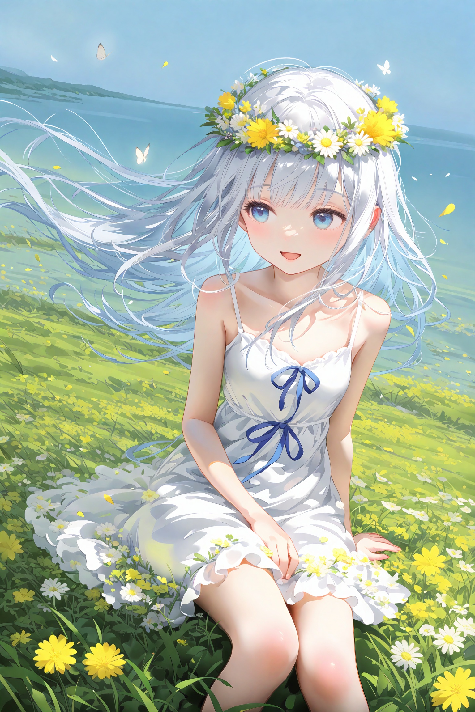 masterpiece,very aware,highres,absurdres,newest,best quality,loli,petite,high quality,chromatic_aberration,cinematic_angle,dutch angle,//1girl,bug,butterfly,solo,blue eyes,dress,long hair,outdoors,sitting,white hair,looking at viewer,flower,head wreath,smile,grass,open mouth,white dress,petals,on grass,blush,frilled dress,flower wreath,frills,day,blue ribbon,water,white flower,sundress,falling petals,lake,ribbon,sleeveless,sleeveless dress,very long hair,:d,yellow butterfly,ocean,bare shoulders,collarbone,yellow flower,grey hair,arm support,bare arms,blunt bangs,wind,daisy,feet out of frame,sky,floating hair,scenery,hair between eyes,spaghetti strap,hand on lap,dandelion,blue hair,sidelocks,horizon,blue sky,white butterfly,on ground,looking to the side,river,<lora:lp45up1-000009:0.8>,