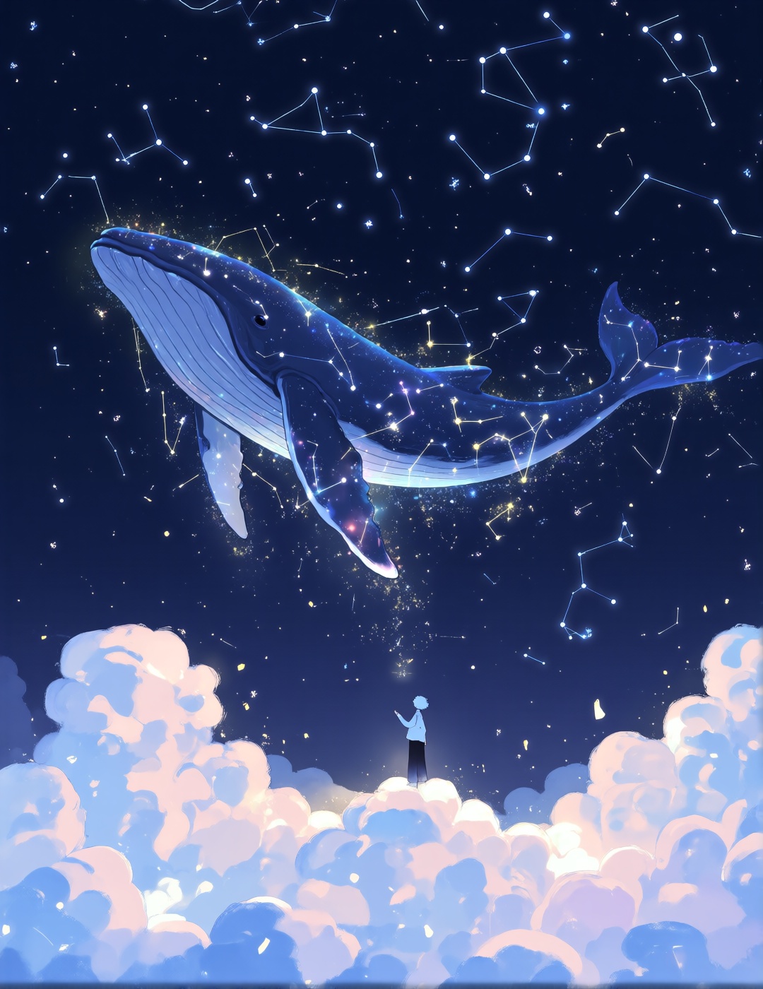 A small silhouette of a person stands on the edge of a fluffy cumulus cloud,  looking up in awe at a massive whale compose...