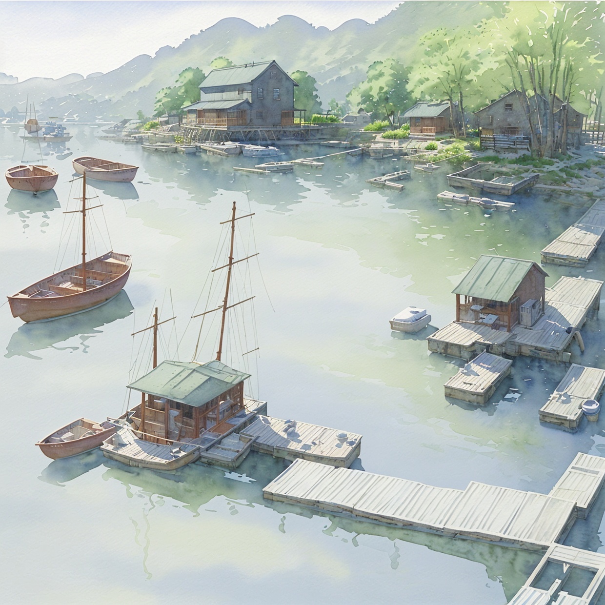 watercraft,boat,scenery,outdoors,no humans,building,water,day,traditional media,painting \(medium\),watercolor painting,<lora:SHUICAI:0.8>,<lora:2SHUICAI:0.8>,