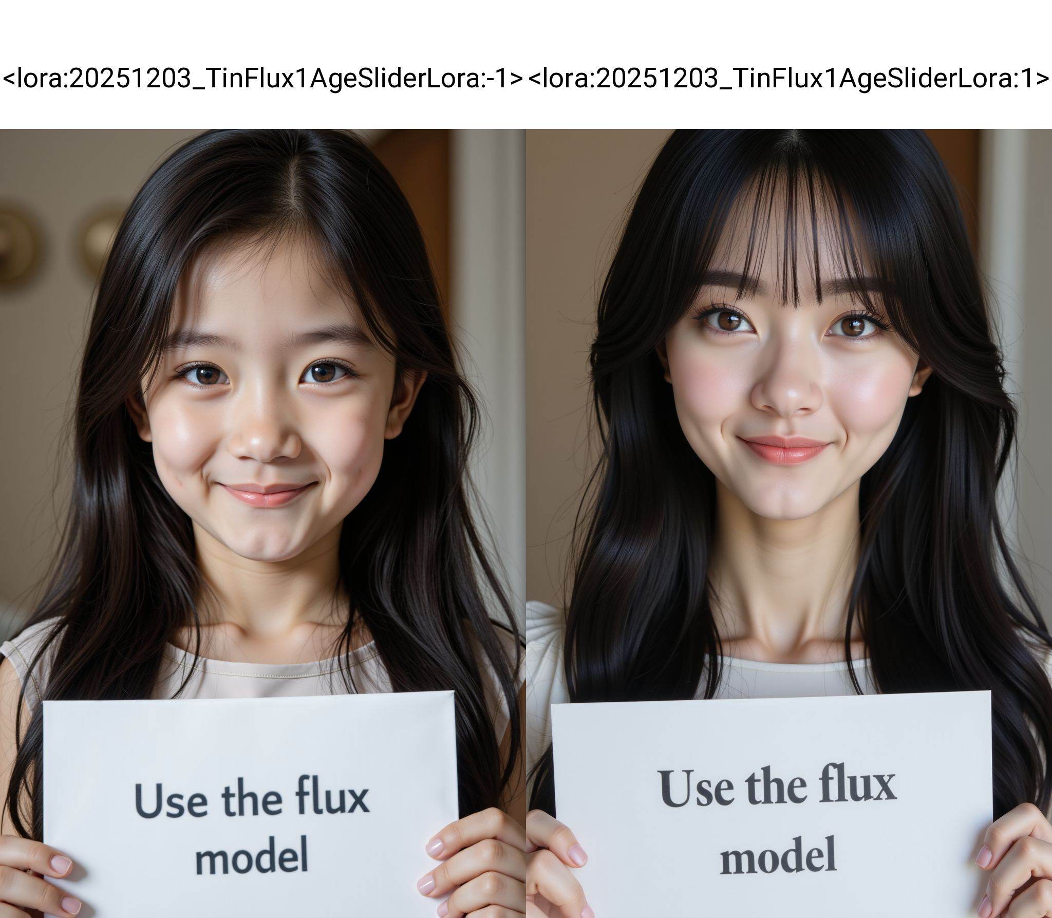 <lora:20251203_TinFlux1AgeSliderLora:-1>, instagram photo, closeup face photo of young girl, brown eyes, pale skin, smirk, black long straight hair, boatneck dress, holding a sign with text "Use the flux model",