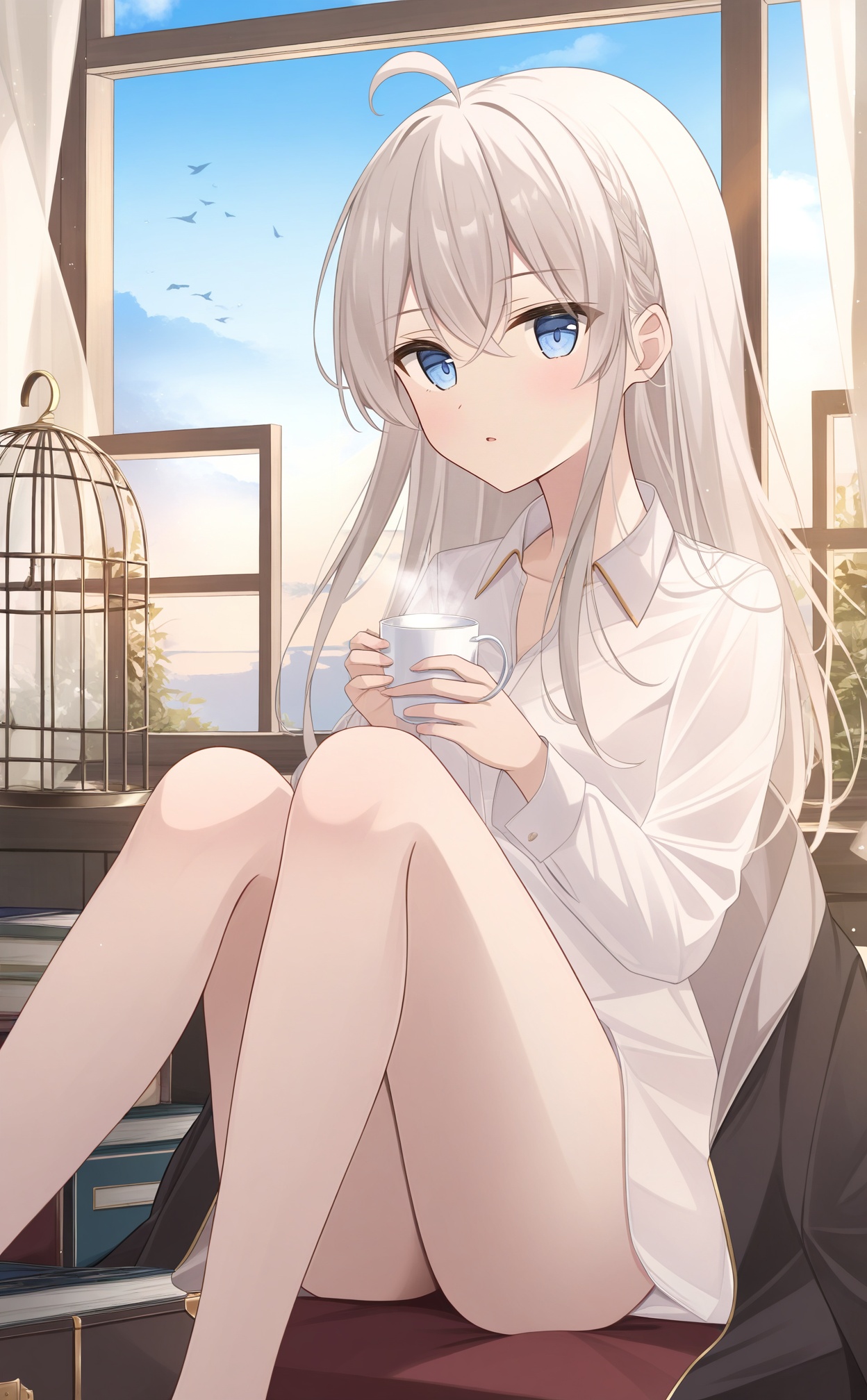 masterpiece,absurdres,best quality,loli,petite,high quality,//,1girl, elaina \(majo no tabitabi\), blue eyes, long hair, shirt, solo, window, bird, cup, white shirt, ahoge, holding, cage, indoors, birdcage, holding cup, sky, sitting, hair between eyes, collared shirt, long sleeves, steam, curtains, white hair, bare legs, cloud, book, cover image, morning, dress shirt, grey hair, blue sky, mug, off shoulder, parted lips, thighs, feet out of frame, knees up, braid, unworn coat, jacket, open window, collarbone, convenient leg, sidelocks, barefoot, suitcase, looking at viewer, no pants//,<lora:千道センリ2——【noob】hans:0.8>,