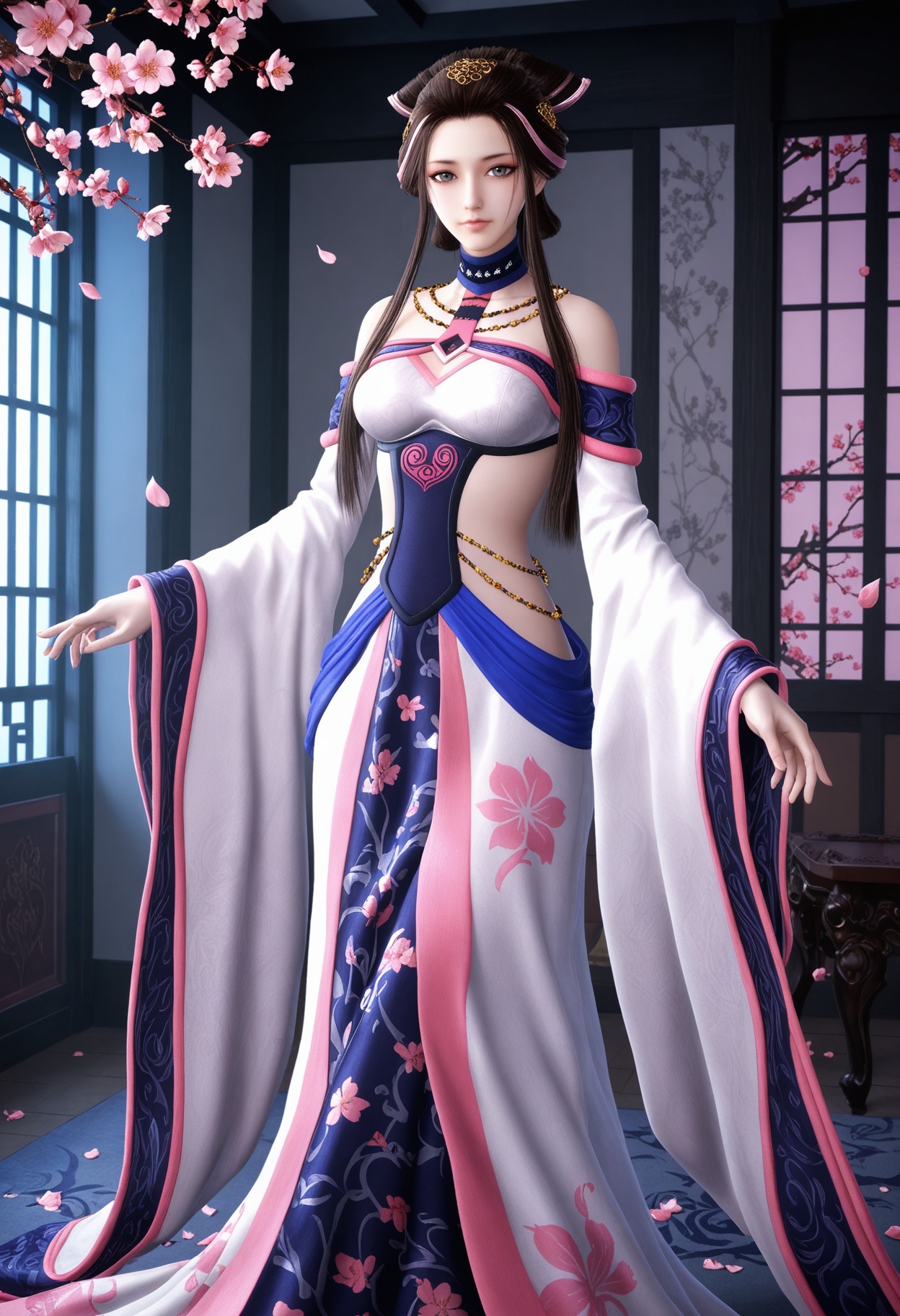 (standing full_body:1.1),(looking at viewer:1.1),masterpiece,(best quality),smog,Dark room,dim lighting,peach blossom,falling petals,<lora:YQ_Illustrious光辉v5_湘夫人_V1:0.8>,q1528437228,1girl,solo,long hair,black hair,jewelry,bare shoulders,necklace,hair ornament,brown hair,dress,sidelocks,wide sleeves,long sleeves,choker,hair bun,brown eyes,detached sleeves,grey eyes,blue eyes,