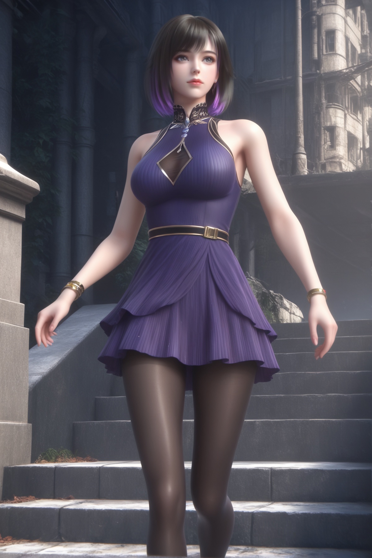 masterpiece,best quality,realistic,cinematic,detail eyes,(ultra-detailed),perfect composition,intricate details,absurdres,detailed face,high quality,high res,8K,<lora:X_wuyin_IL4.0:0.8>,1girl,solo,dress,breasts,jewelry,purple dress,multicolored hair,bracelet,short hair,purple hair,black hair,cleavage cutout,realistic,medium breasts,sleeveless,clothing cutout,bare shoulders,large breasts,black_pantyhose,