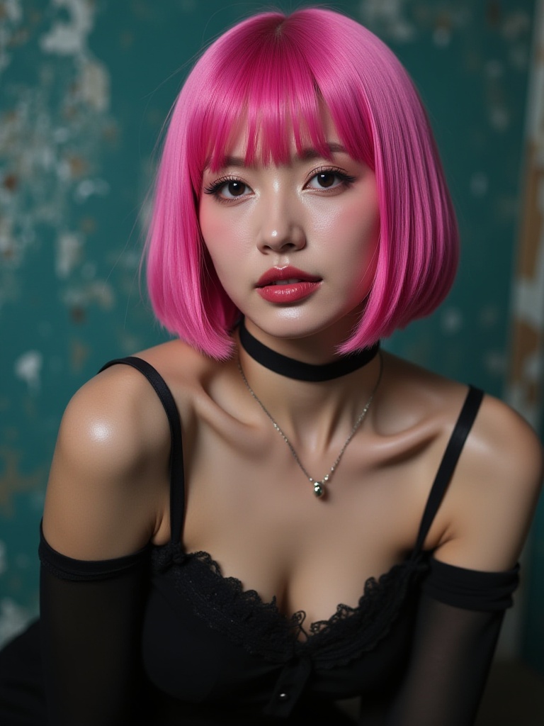 A striking abstract pornography shoot featuring a beautiful pink supermodel with a straight pink bob hairstyle in sexy obs...