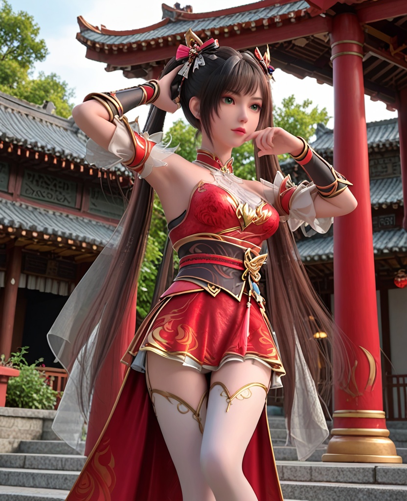 (oriental architecture, elegant decor, sophisticated style:1.1),(Standing, legs apart, arms extended,:1.1),(breasts:1.2),<lora:XL神墓楚钰白丝:0.95>,miss chuyuhei,red minidress,green eyes,black hair,twintails,hair ornament,detached sleeves,bare shoulders,sash,detached collar,red fart curtain,bracer,jewelry,earrings,white thighhighs,, score_9,score_8_up,score_7_up,score_6_up,score_5_up,score_4_up,3d rendering,tag1,tag2, Cinematic Lighting,backlighting,