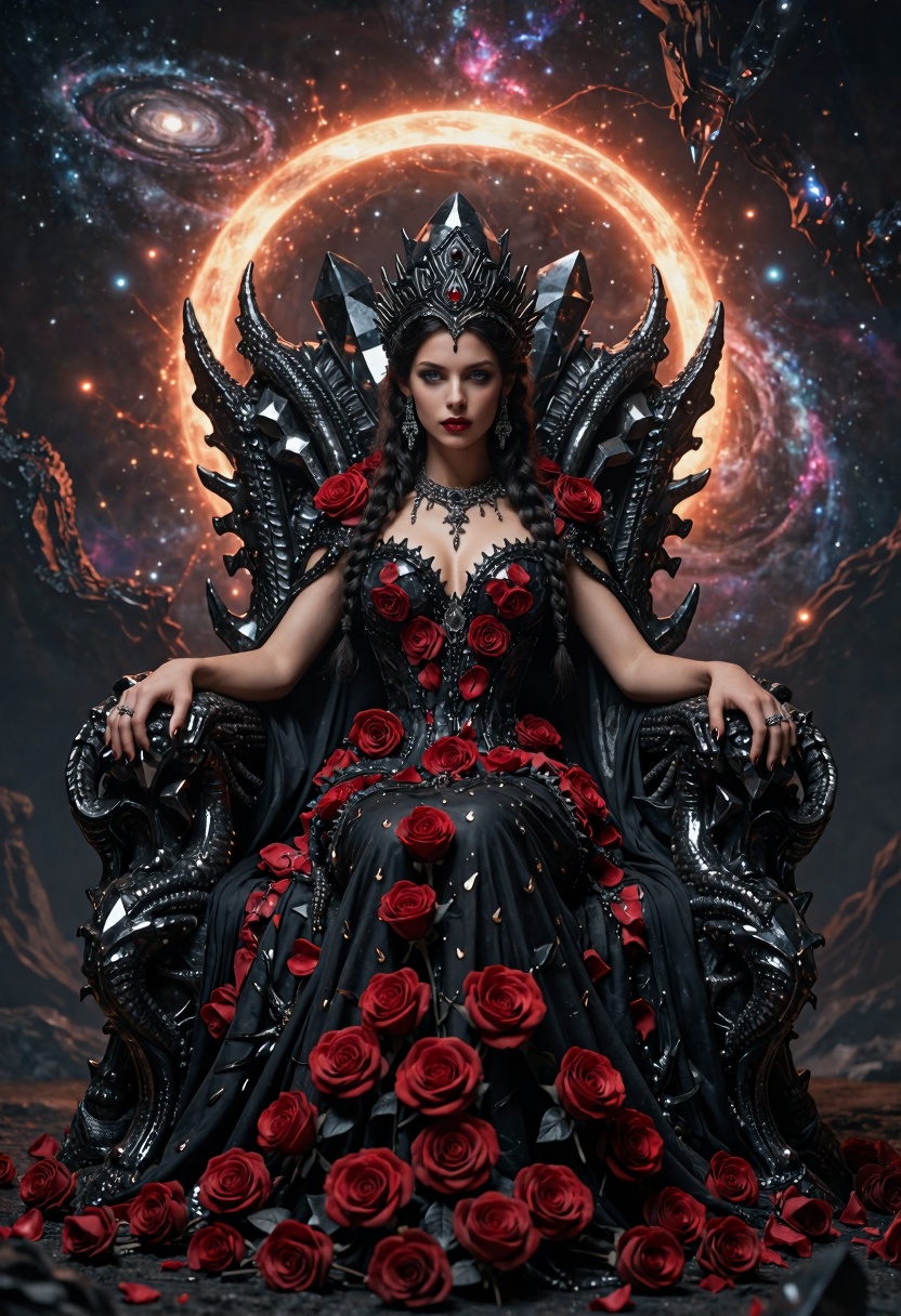masterpiece,  breathtaking gothic cosmic empress seated upon a throne forged from black crystal and dragon bones,  crimson...