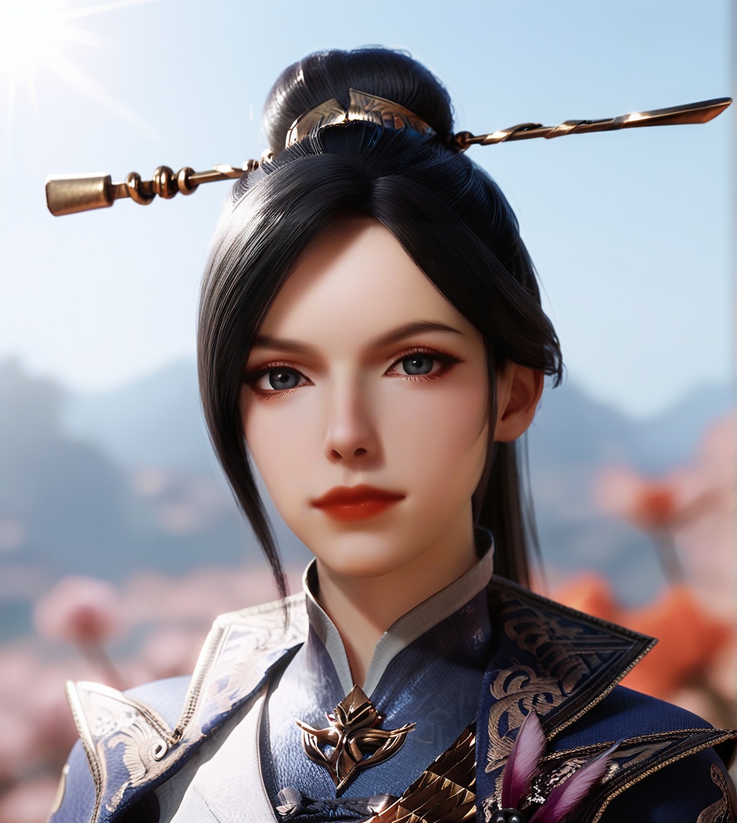 score_9_up,score_8_up,score_7_up,score_3D,(portrait:1.2),1girl,solo,(looking at viewer),black single hair bun,hair ornament,hair pins,hair stick,high collar,chinese clothes,day,blue sky,sunlight,soft focus,depth of field,<lora:斗罗大陆2-周漪【Pony】:0.75>,zhouyi,<lora:眼部细节增强【Pony】:0.6>,<lora:Stable_Yogis_PDXL_Positives:1>,
