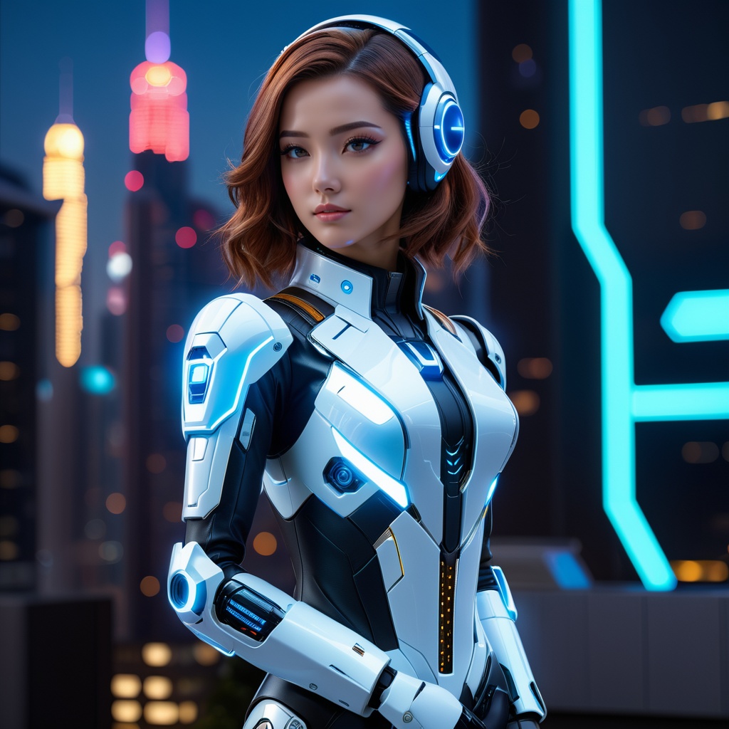 professional 3d model The image showcases a female character dressed in a futuristic, sleek, and intricately designed suit. The suit is predominantly white with blue accents, and it appears to be made of a metallic material. The character has a headset with antennas on her head, and she is wearing a chest emblem that glows with a blue light. The background depicts a cityscape at night, with tall buildings illuminated by neon lights. The overall ambiance of the image suggests a high-tech, cyberpunk setting.<lora:JA-000010:0.8>, . octane render, highly detailed, volumetric, dramatic lighting