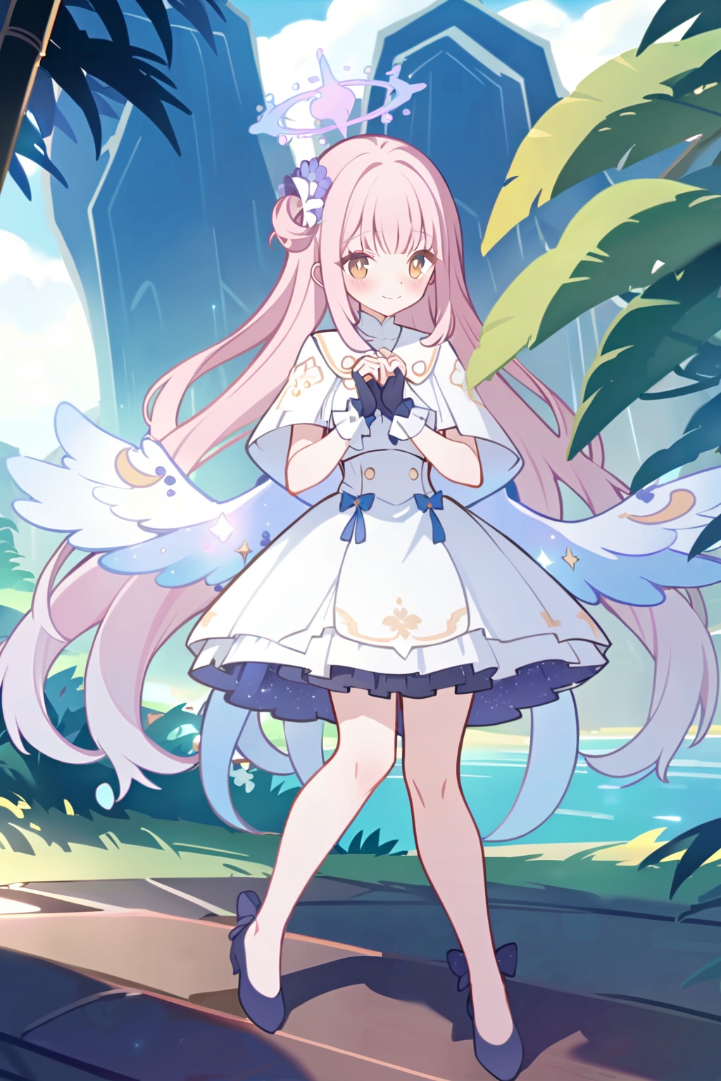 masterpiece,best quality,extremely detailed CG unity 8k wallpaper,best quality,extremely detailed,detailed,art of light novel cover,highres,anime screencap,light novel illustration,cel shading,[(white background:1.5)::24],(margin:1.32),[:(outdoors, nature,sea,blue water,blue sky with clouds:1.25):16],(bottle bottom:0.85),flowers,grass,crystal trees,garden,(1girl:1.2),(full body:1.3),long hair,beautiful detailed eyes,pink hair,(blue streaked hair:1.1),seductive smile,looking at viewer,ribbon,blush,blunt bangs,white dress,capelet,pink hair,yellow eyes,halo,heart hands,<lora:liyueFP8-000002:0.8>,solo,long hair,(mika \(blue archive\):1.2),