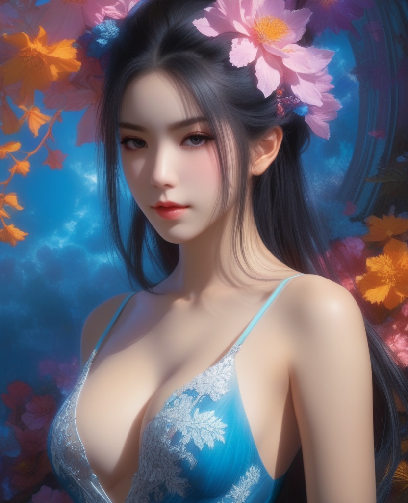 <lora:609-DA-XL-天行九歌-焰灵-水中:0.8>(,1girl, ,best quality, ),looking at viewer,,anime,(masterpiece, top quality, best quality, official art, beautiful and aesthetic:1.2), (1girl)	, , (cleavage),extreme detailed,(fractal art:1.3),colorful, flowers ,highest detailed,(by Jeremy Lipking)    (cleavage), (),