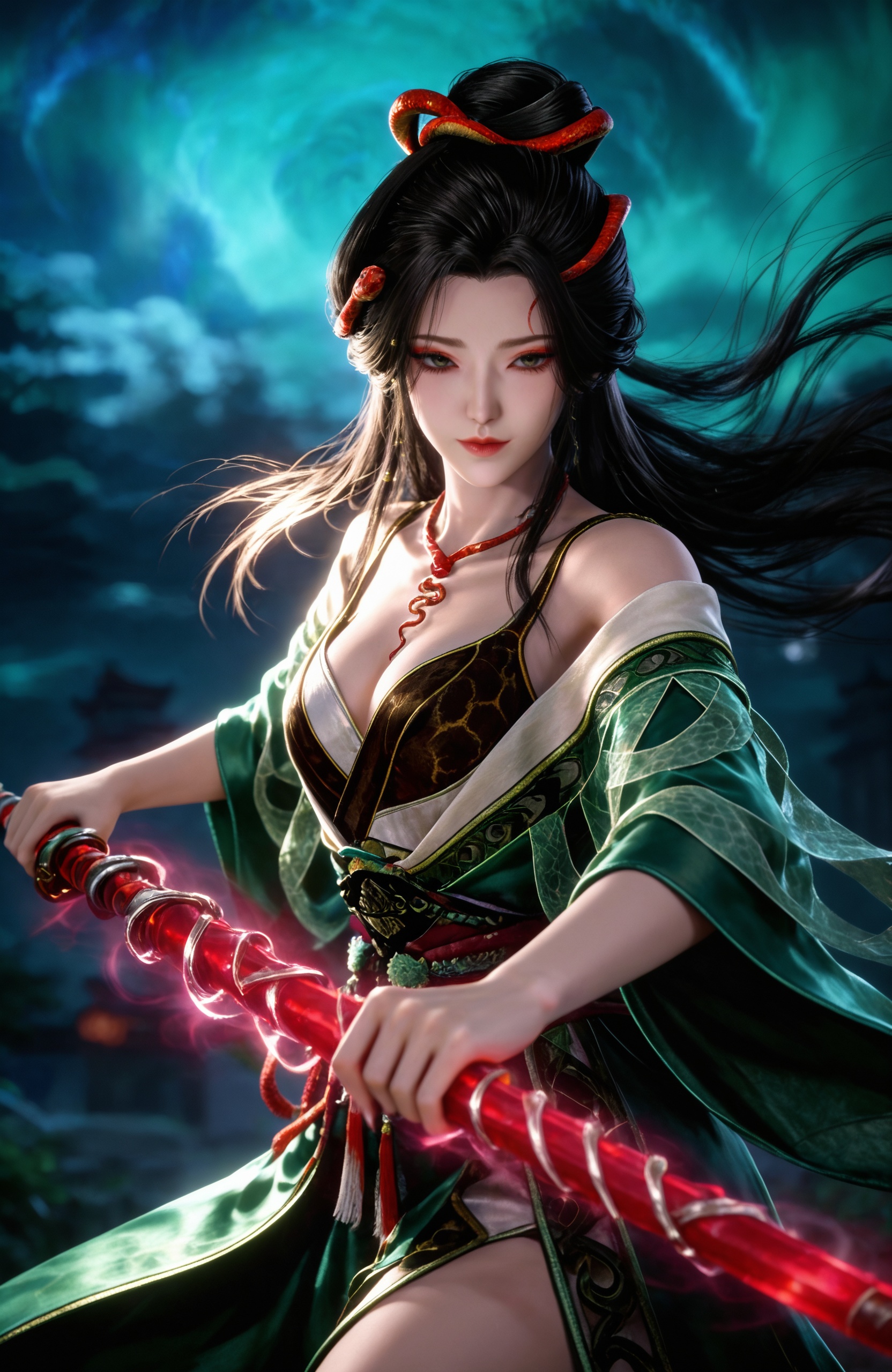 score_9,<lora:牧神记-龙娇男Pony:0.8> 1girl,solo, long hair, black hair, hair ornament, hair bun,necklace, bare shoulders, chinese clothes, breasts, green dress, off shoulder, sash, night,blurry,sword,holding sword,glowing weapon,weapon,holding weapon