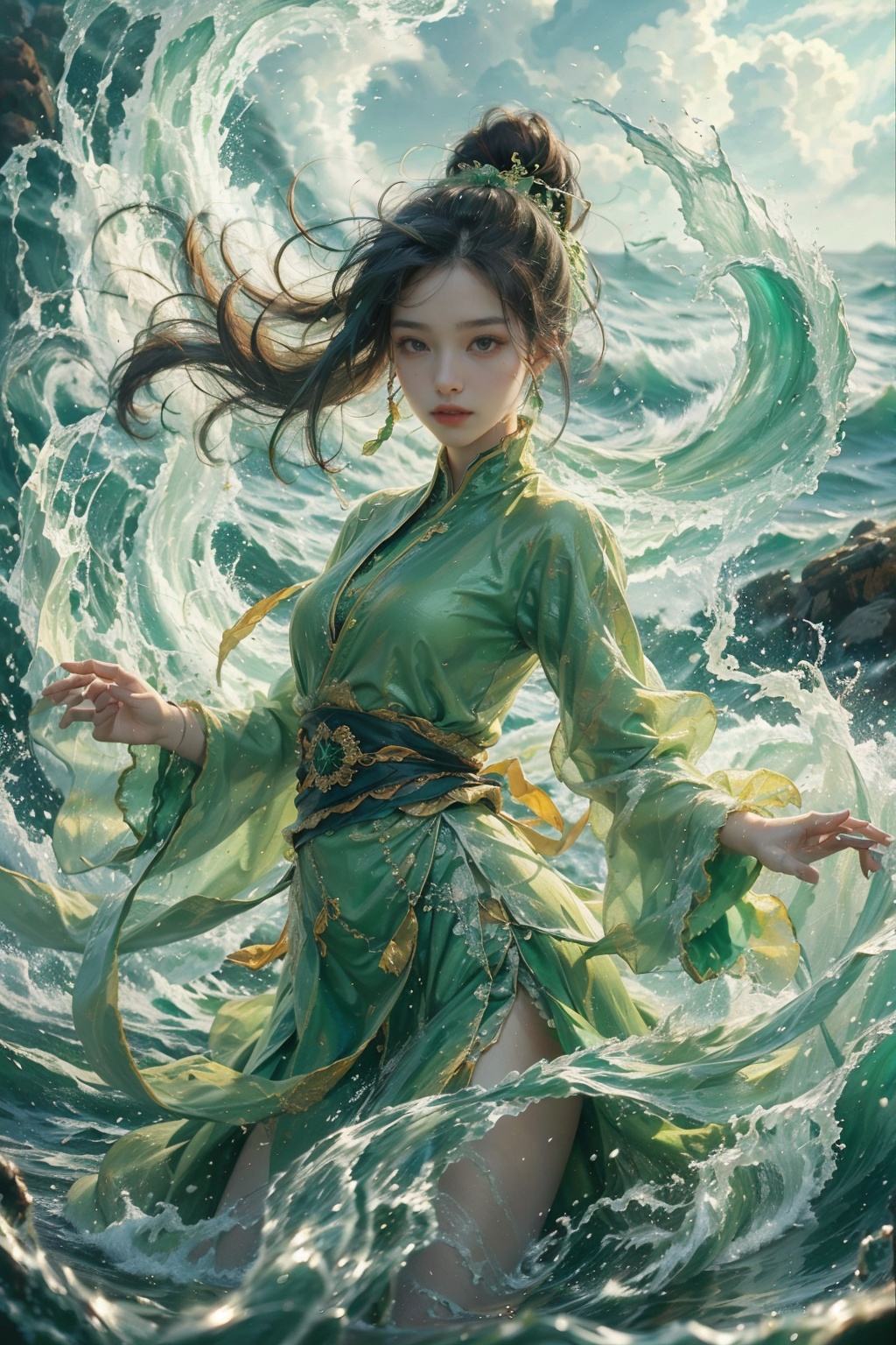haifeisiv6,  woman in a green dress in the middle of a wave,  xianxia fantasy on Tensor.Art
