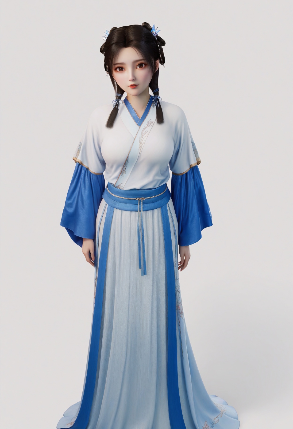 score_9,<lora:SF_ZhouRu10Year_Pony_Realism-000003:0.7>,hair ornament,black hair,dress,lips,bangs,hair over shoulder,1girl, large breasts,clothes,hanfu,hair ribbon,minigirl, hair rings,short over long sleeves,solo,looking at viewer,white background,simple background,full body,