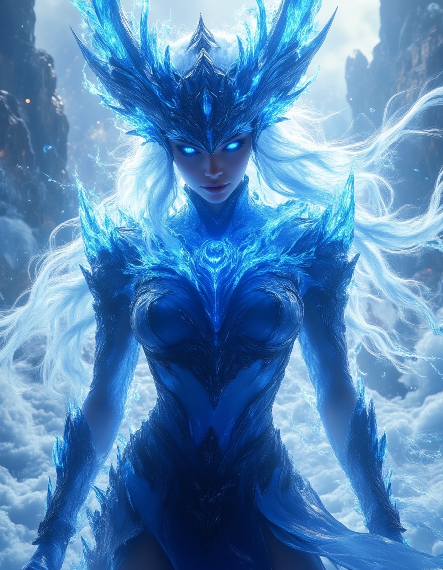 A stunning digital illustration of a fierce warrior woman with glowing blue eyes and intricate blue and white armor. She wears a helmet adorned with sharp, icy horns, and her long, flowing white hair cascades down her shoulders. The background is a swirling mix of icy blue and white clouds, creating a sense of movement and power. The armor is detailed with frosty patterns, and she stands confidently, exuding strength and determination. The artwork is in a fantasy style, with a focus on cool tones and dynamic lighting.,<lora:山海lora:1>,