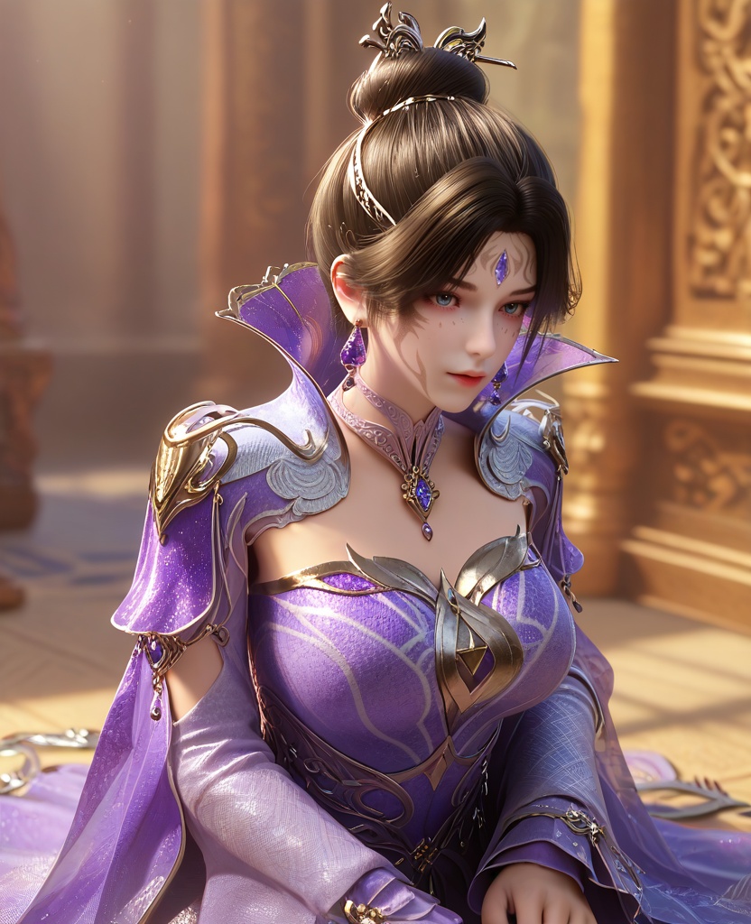 (Kneeling with hands on the ground, looking focused:1.1),looking at viewer,(large breasts:1.2),<lora:XL16云深不知梦白璃:0.95>,miss baili,purple tiered gown,blue eyes,facial mark,forehead jewel,black hair,hair ornament,single hair bun,earrings,jewelry,high collar,necklace,, score_9,score_8_up,score_7_up,score_6_up,score_5_up,score_4_up,3d rendering,tag1,tag2, Cinematic Lighting,backlighting,