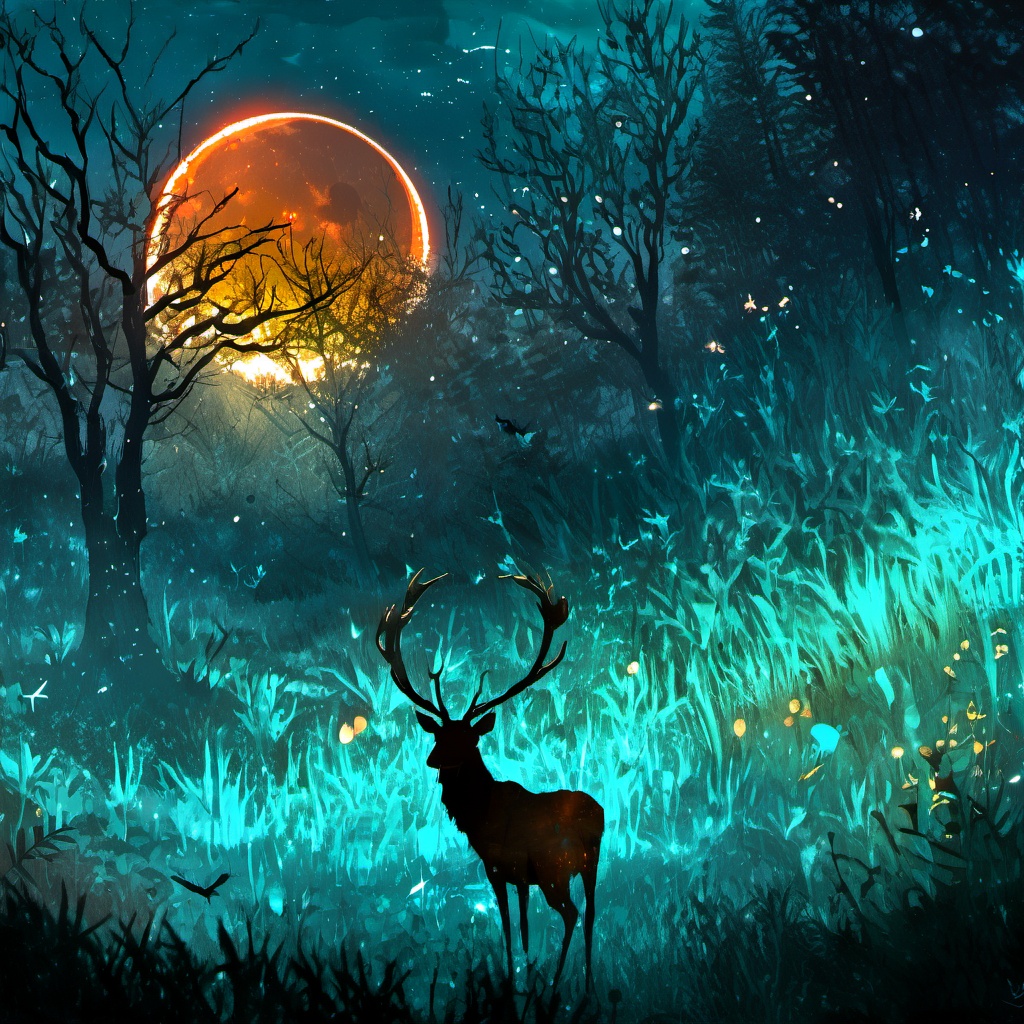 <lora:star_xl_v3:1>,silhouette painting, ethereal ambiance, outdoors, sky, orange and cyan theme, tree, no humans, night, glowing, moon, grass, star \(sky\), nature, night sky, scenery, starry sky, silhouette, dark, antlers, crescent moon, deer, solo, forest, a mystical and enchanting nighttime forest scene, a large glowing crescent moon casting a soft light over the landscape, the forest is dense with trees and their branches intertwining and forming a canopy., the ground is covered with grass and small plants, and there are a few birds flying in the distance, a black silhouette of majestic stag with large antlers stands  illuminated by a golden light, the entire scene is bathed in a blend of cool and warm tones, a sense of wonder and magic, mystical, enchanting, nighttime, plants, birds, stag, golden light