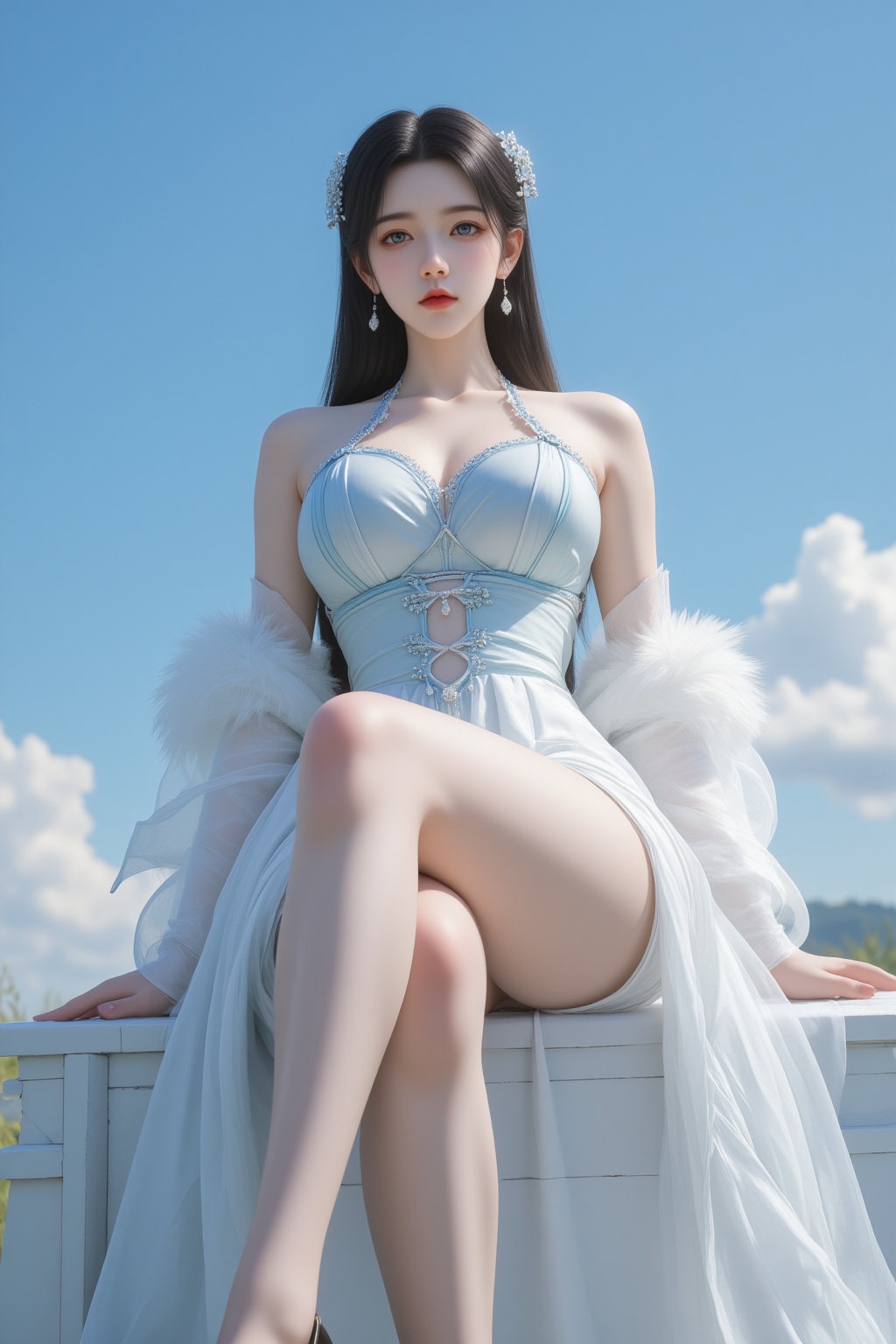 1girl, breasts, solo, long hair, high heels, dress, earrings, sitting, black hair, jewelry, crossed legs, china dress, looking at viewer, large breasts, boa hancock, blue sky, sky, chinese clothes, outdoors, blue eyes, sleeveless, legs, bare legs, day, sleeveless dress, full body, bare shoulders, black footwear, thighs, underwear, panties, forehead, side slit, from below, blue dress, covered nipples, white dress, lips, bare arms, closed mouth, long legs, pantyshot, cloud, blurry, grass, very long hair, taut dress, impossible dress, stiletto heels, taut clothes, arm support, parted bangs, artist name, impossible clothes, parted lips