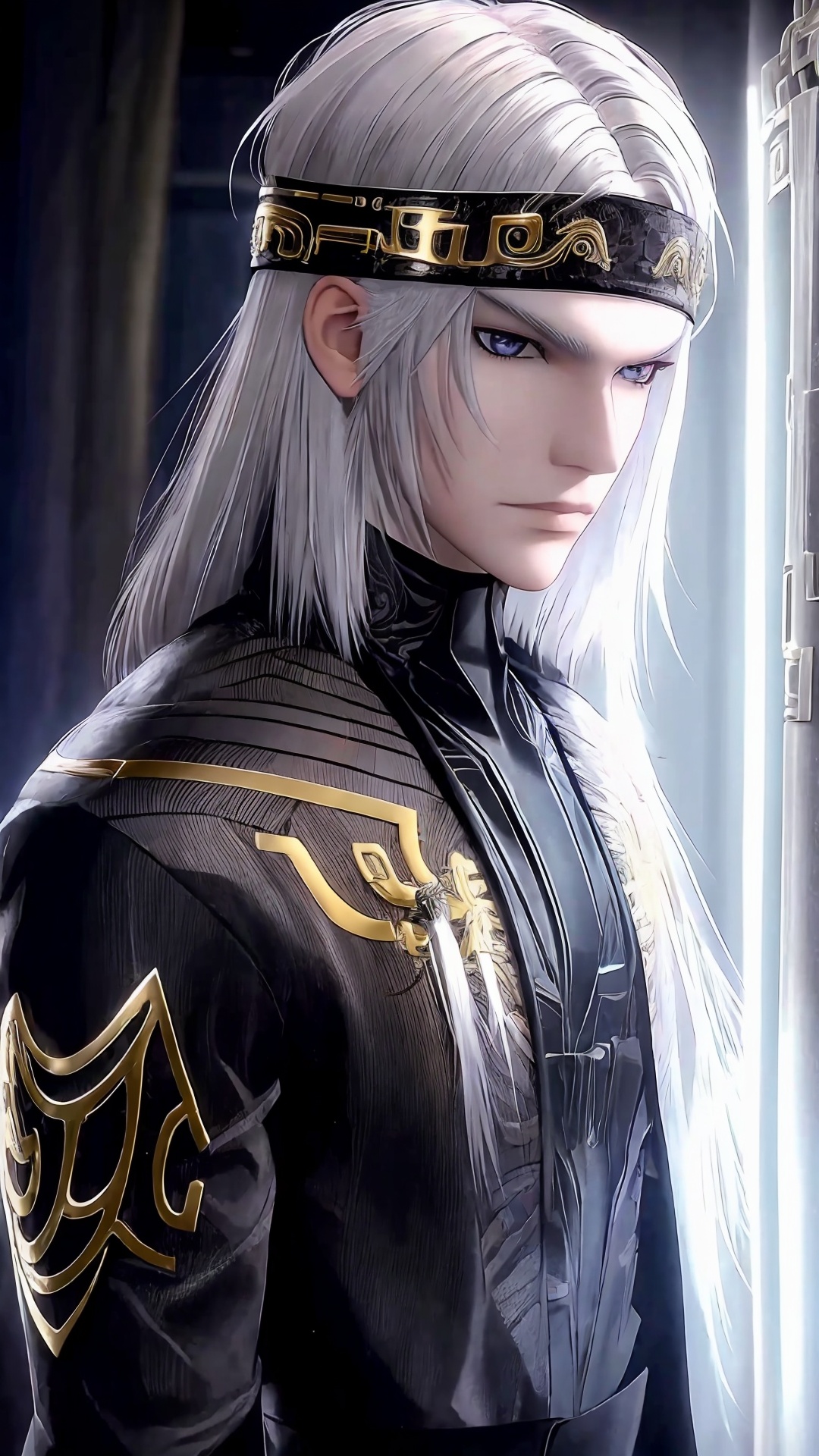 1boy,male focus,solo,headband,white hair,armor,long hair,looking at viewer,curtains,grey eyes,<lora:Weizhuang man Boy Handsome boy_20240829170049:0.8>,full_shot,incredibly absurdres,wallpaper,moody lighting,<lora:MN:0.4>,